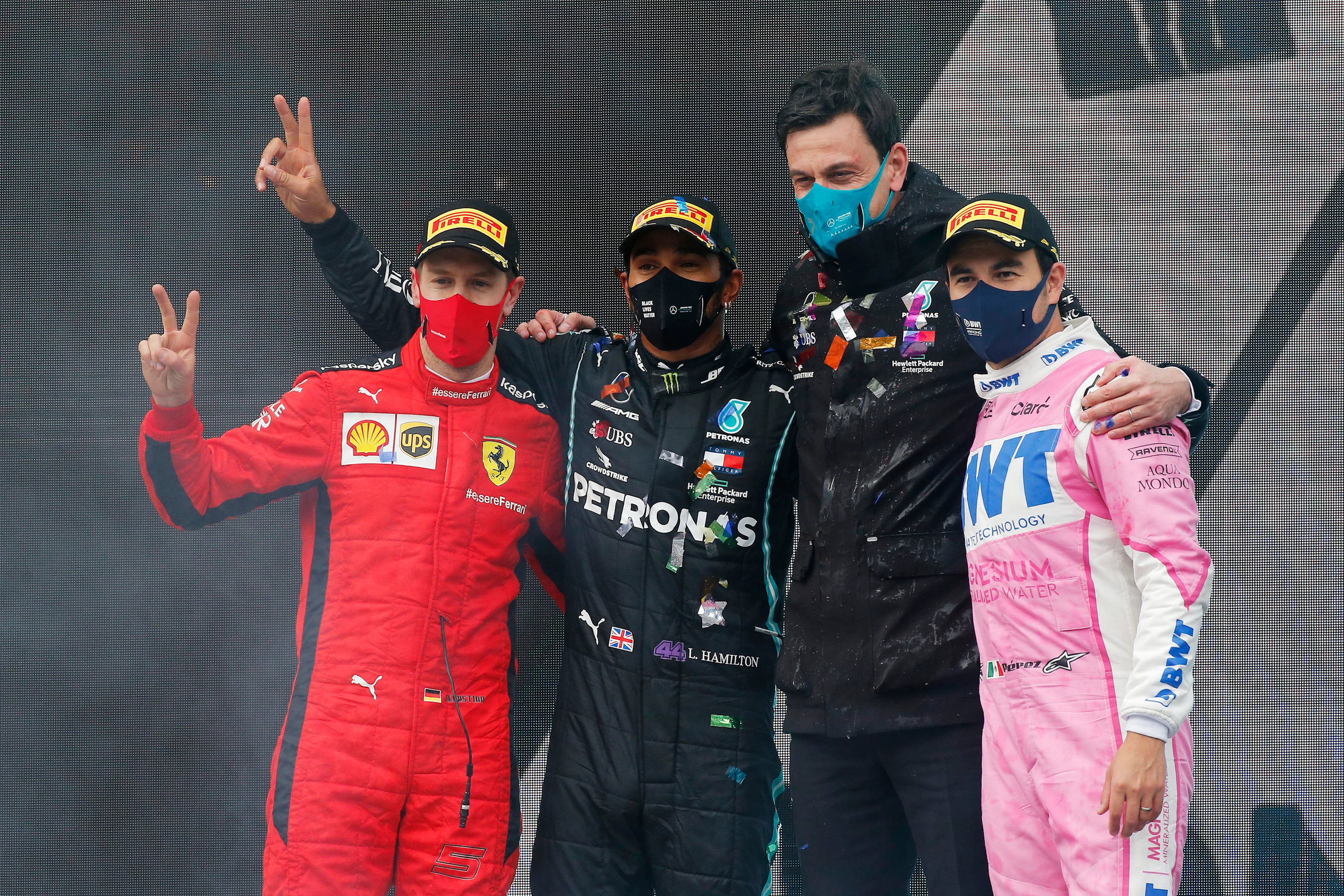 ISTANBUL, TURKEY - NOVEMBER 15: Race winner Lewis Hamilton of Great Britain and Mercedes GP, second
