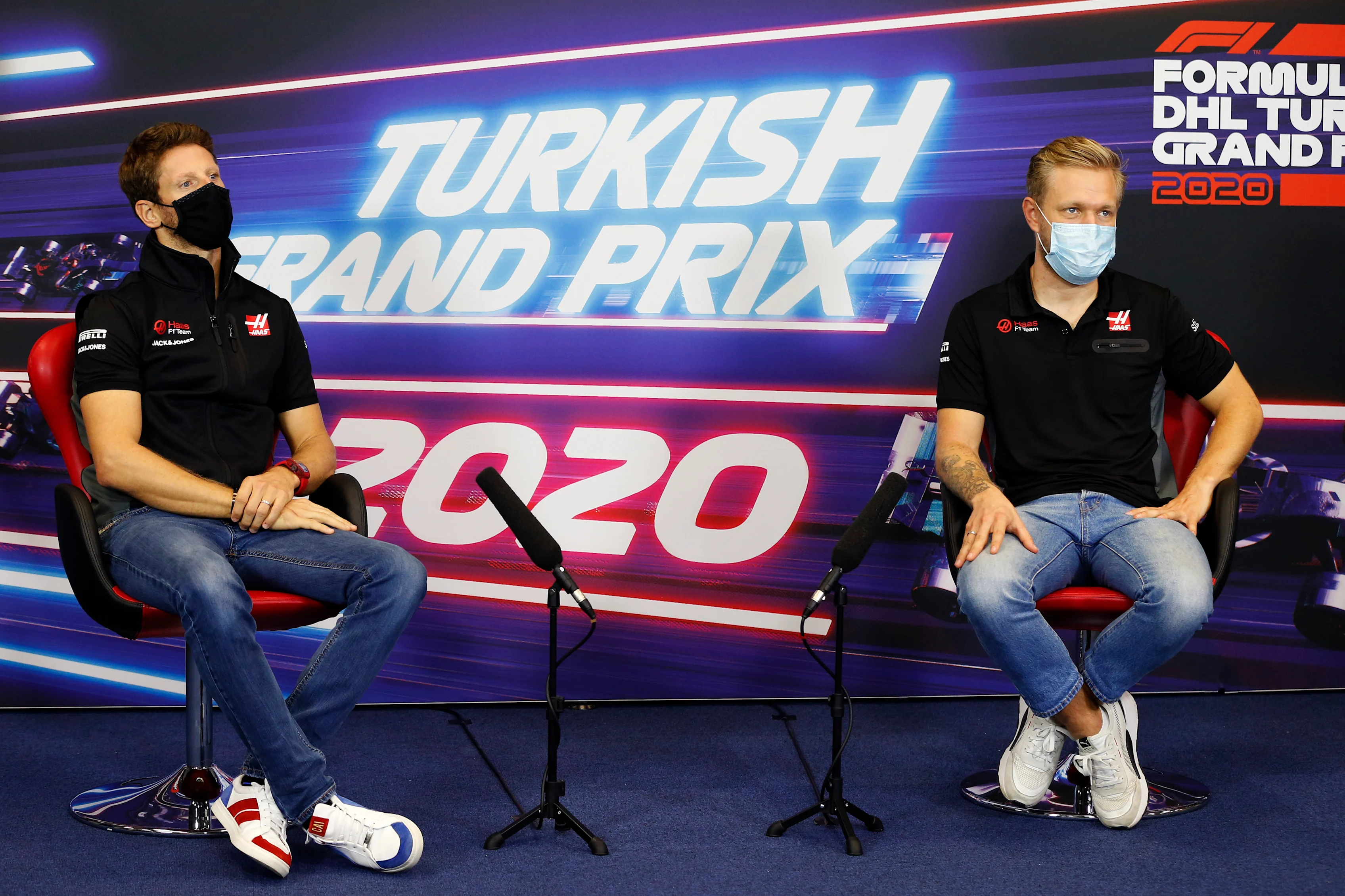 ISTANBUL, TURKEY - NOVEMBER 12: Romain Grosjean of France and Haas F1 and Kevin Magnussen of