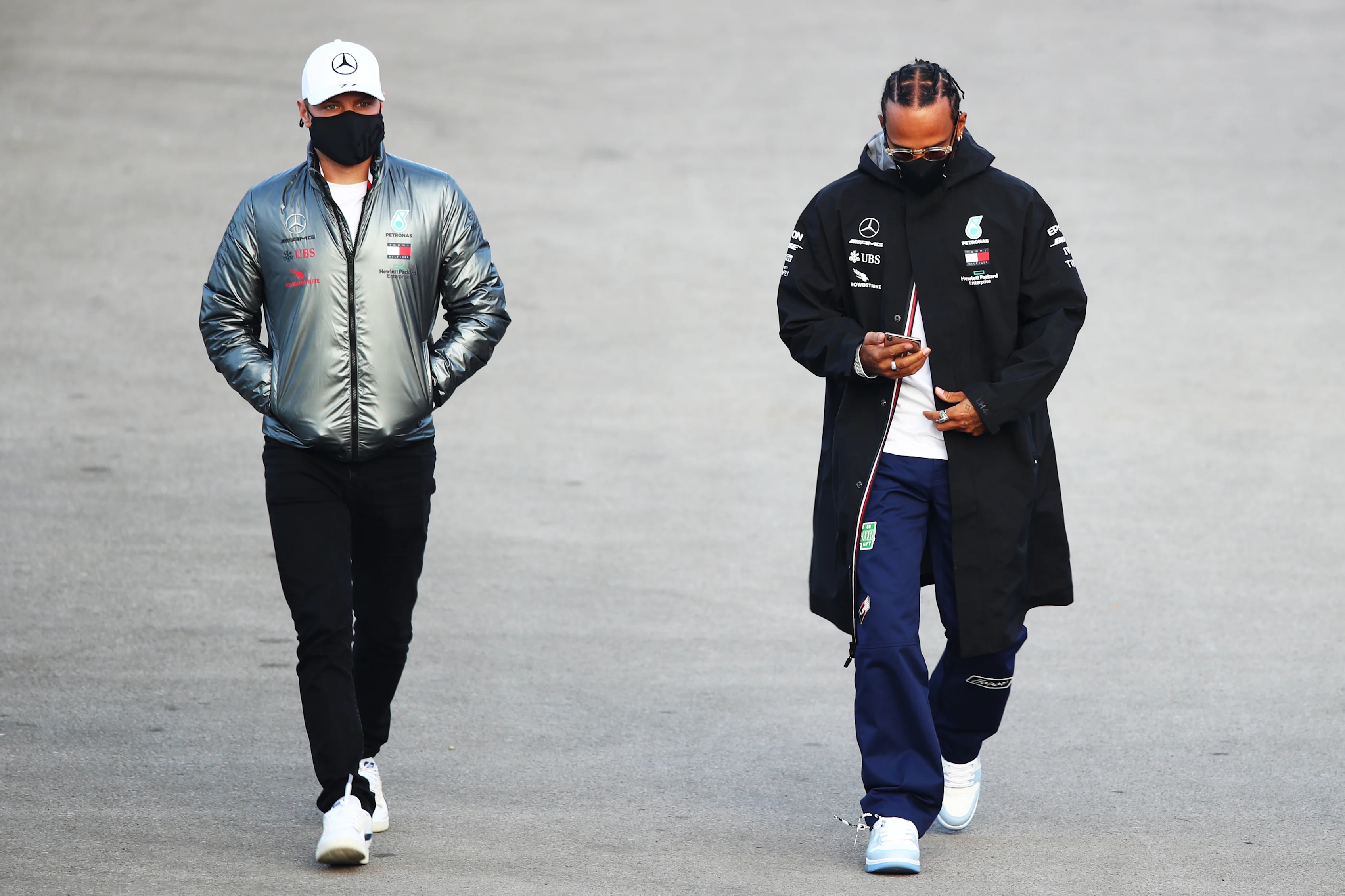 ISTANBUL, TURKEY - NOVEMBER 12: Valtteri Bottas of Finland and Mercedes GP and Lewis Hamilton of