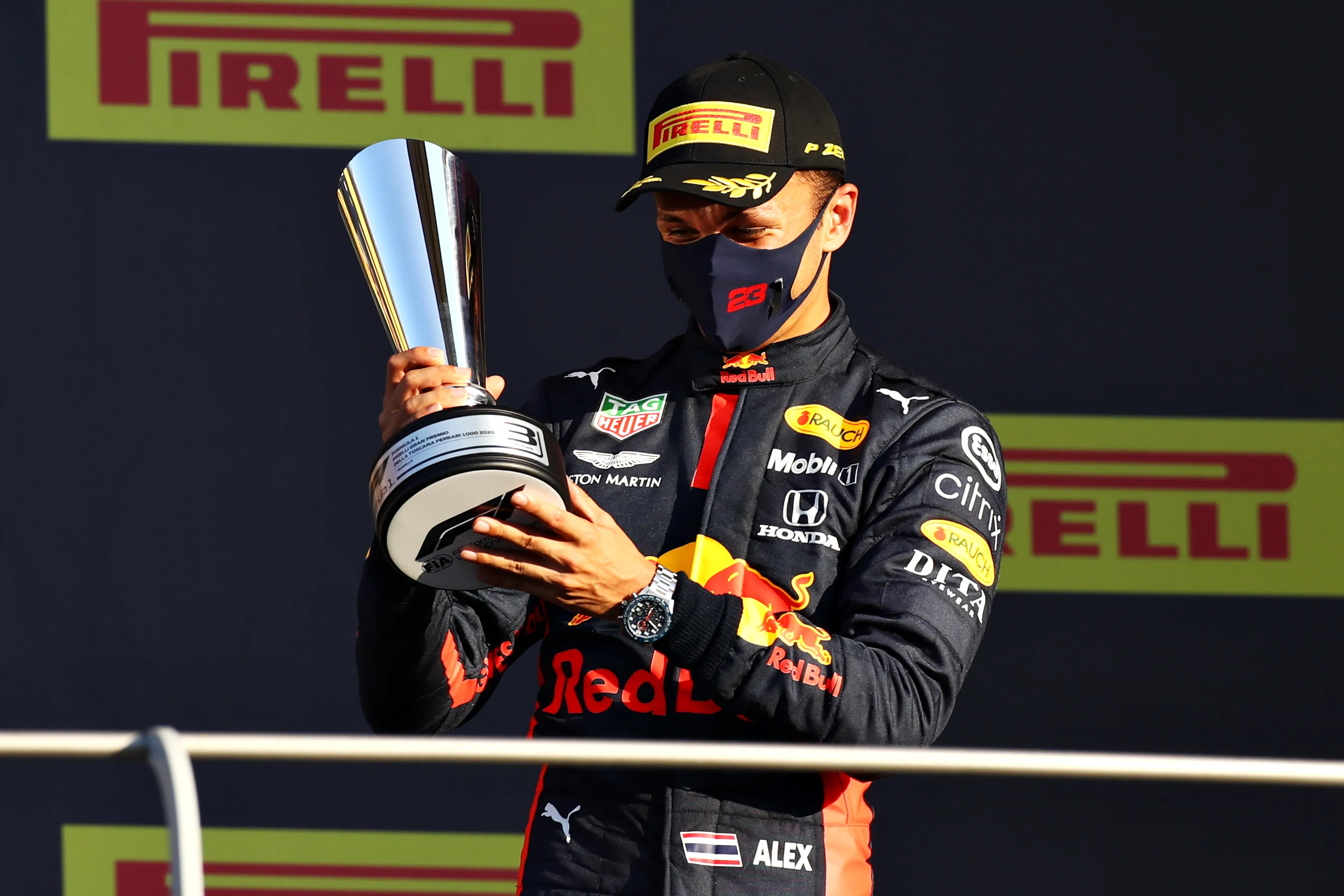 SCARPERIA, ITALY - SEPTEMBER 13: Third placed Alexander Albon of Thailand and Red Bull Racing
