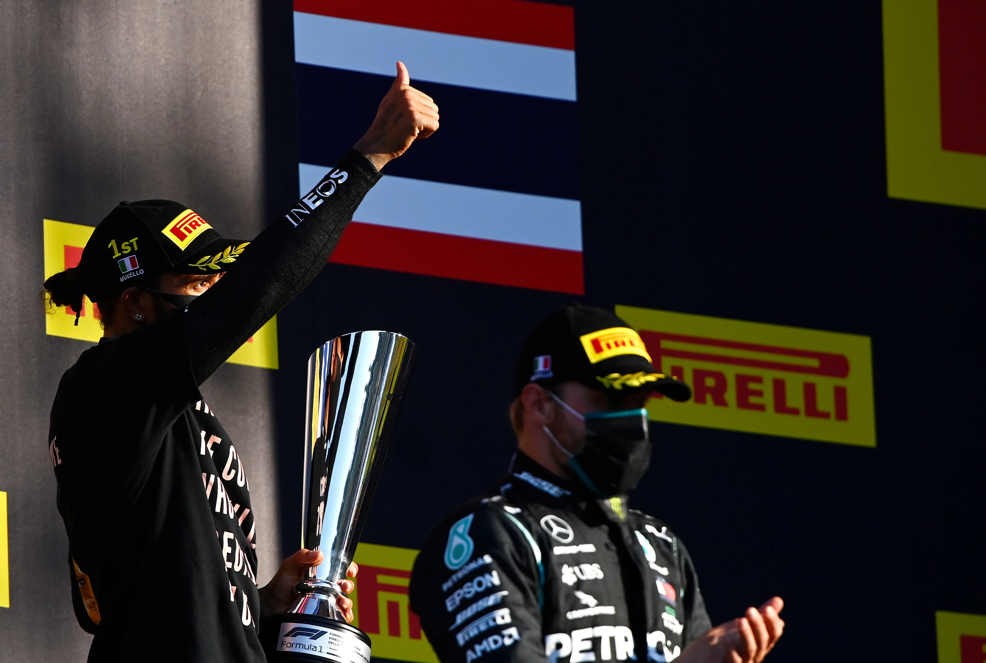 SCARPERIA, ITALY - SEPTEMBER 13: Race winner Lewis Hamilton of Great Britain and Mercedes GP