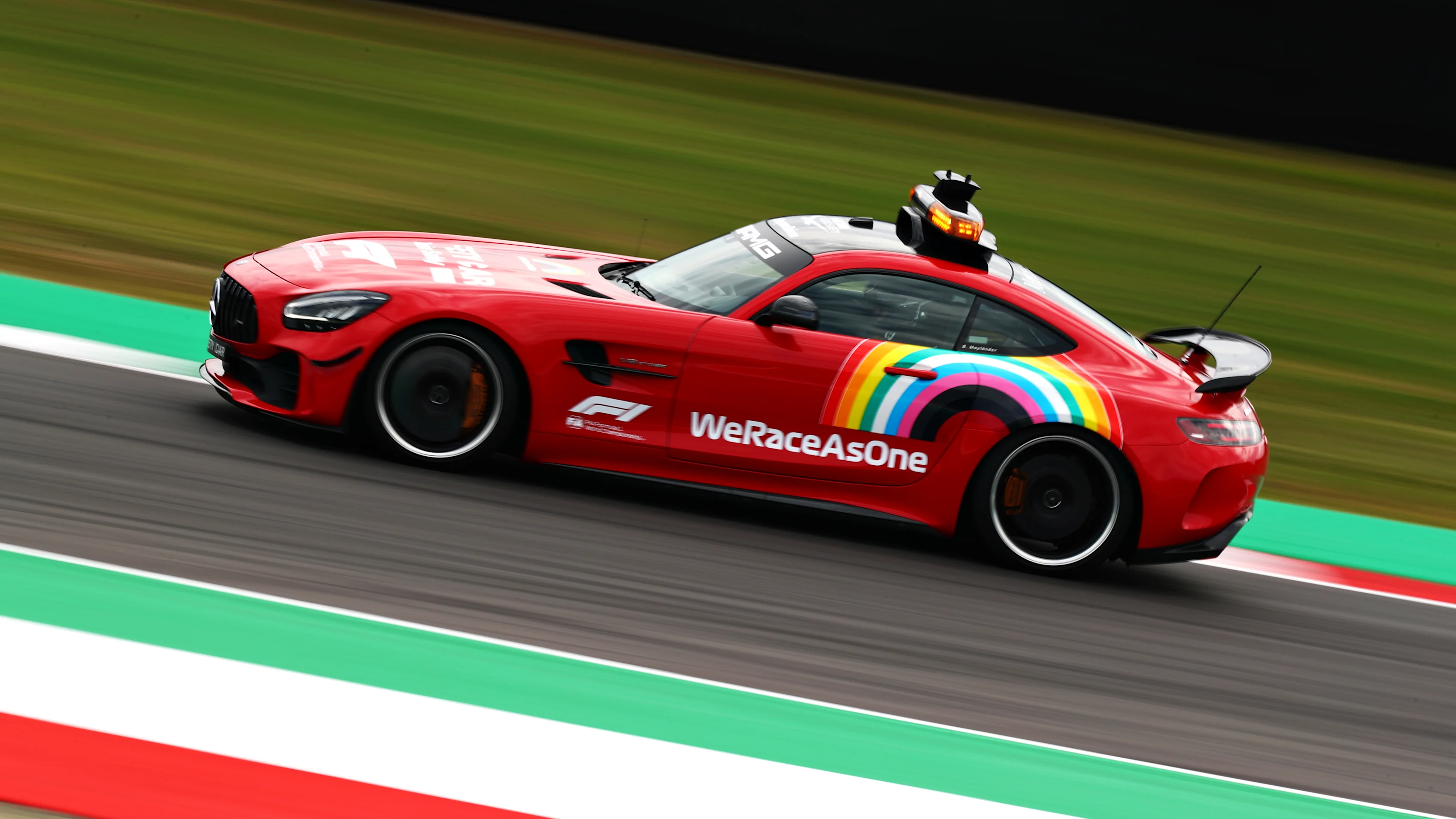 SCARPERIA, ITALY - SEPTEMBER 10: The FIA Safety Car drives on track during previews ahead of the F1