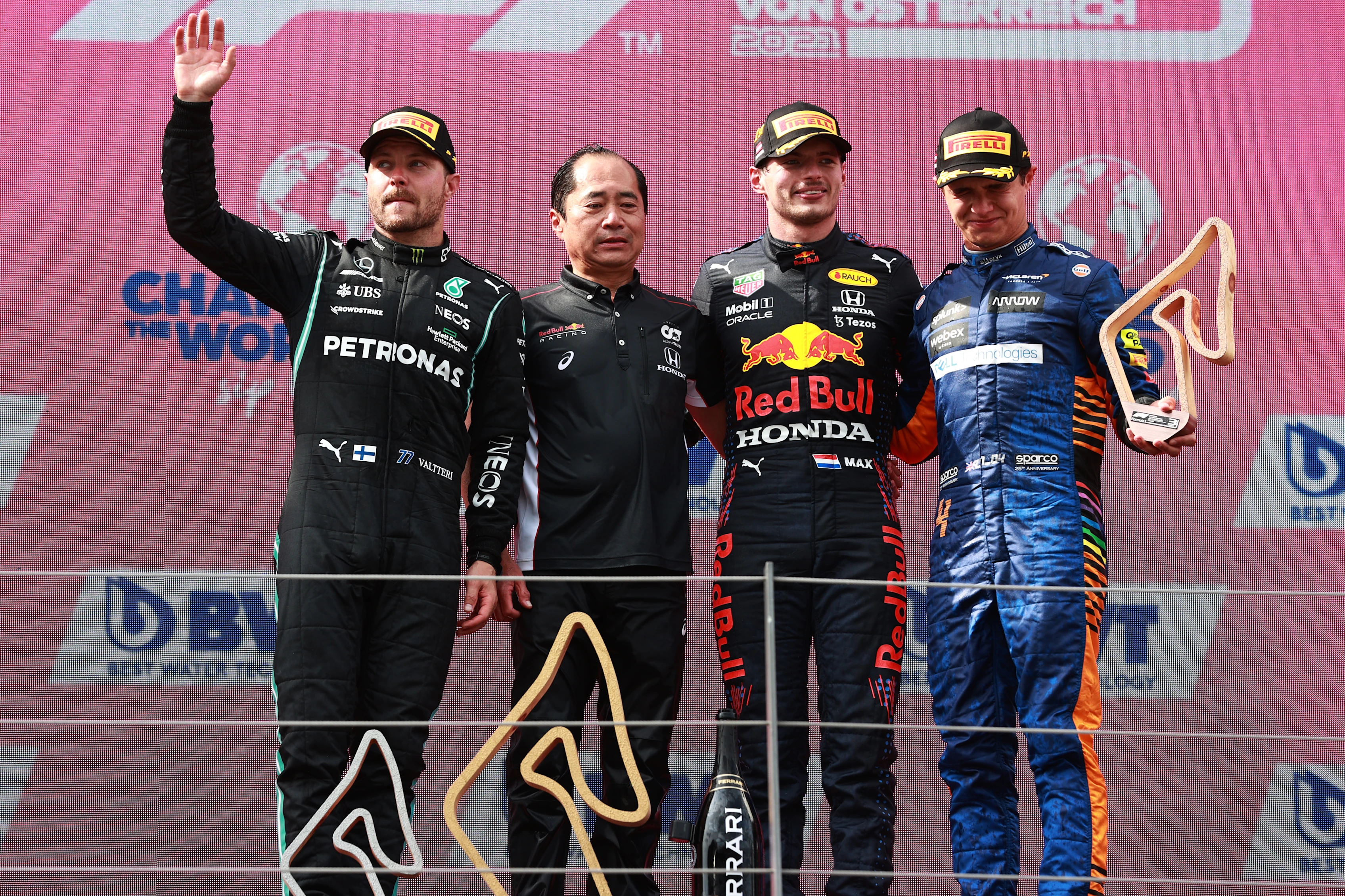 SPIELBERG, AUSTRIA - JULY 04: Race winner Max Verstappen of Netherlands and Red Bull Racing, second