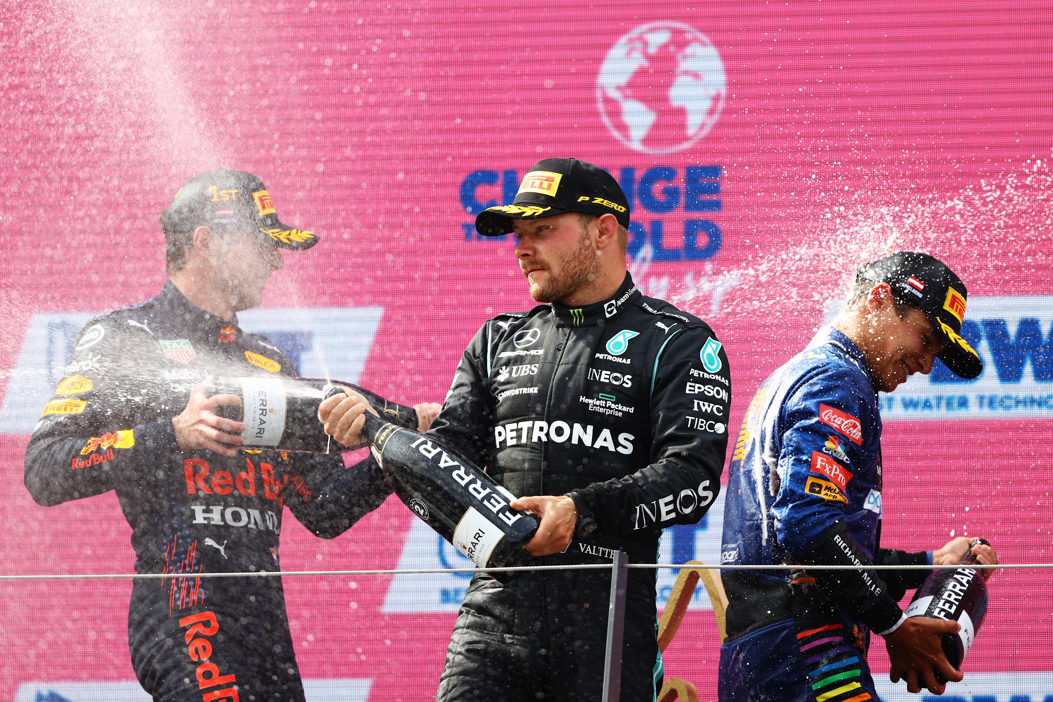 SPIELBERG, AUSTRIA - JULY 04: Second placed Valtteri Bottas of Finland and Mercedes GP celebrates