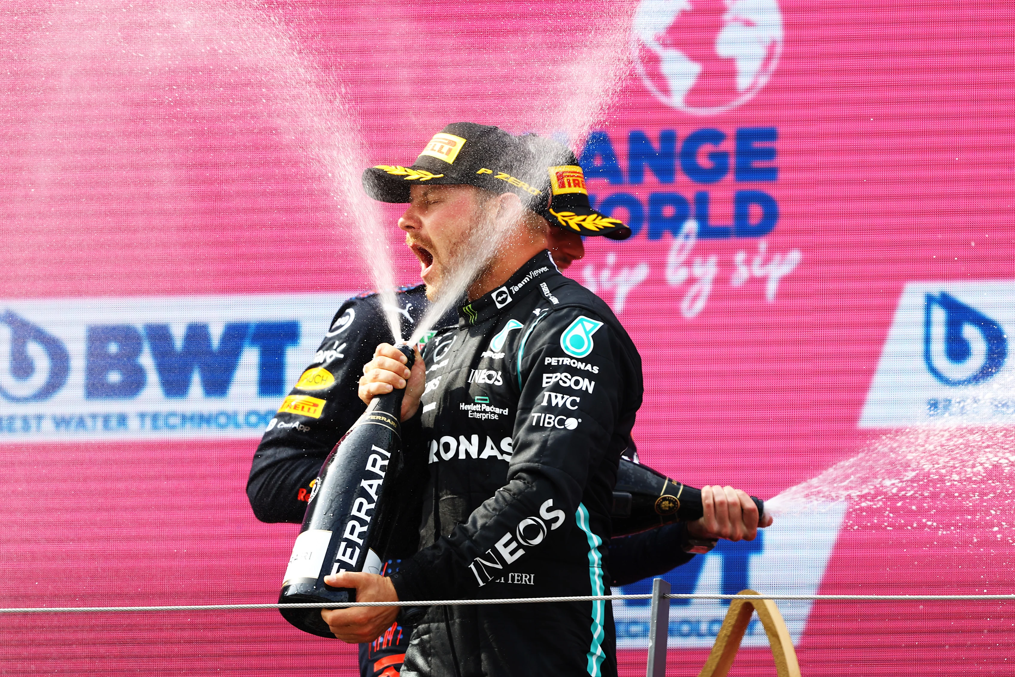 SPIELBERG, AUSTRIA - JULY 04: Second placed Valtteri Bottas of Finland and Mercedes GP celebrates
