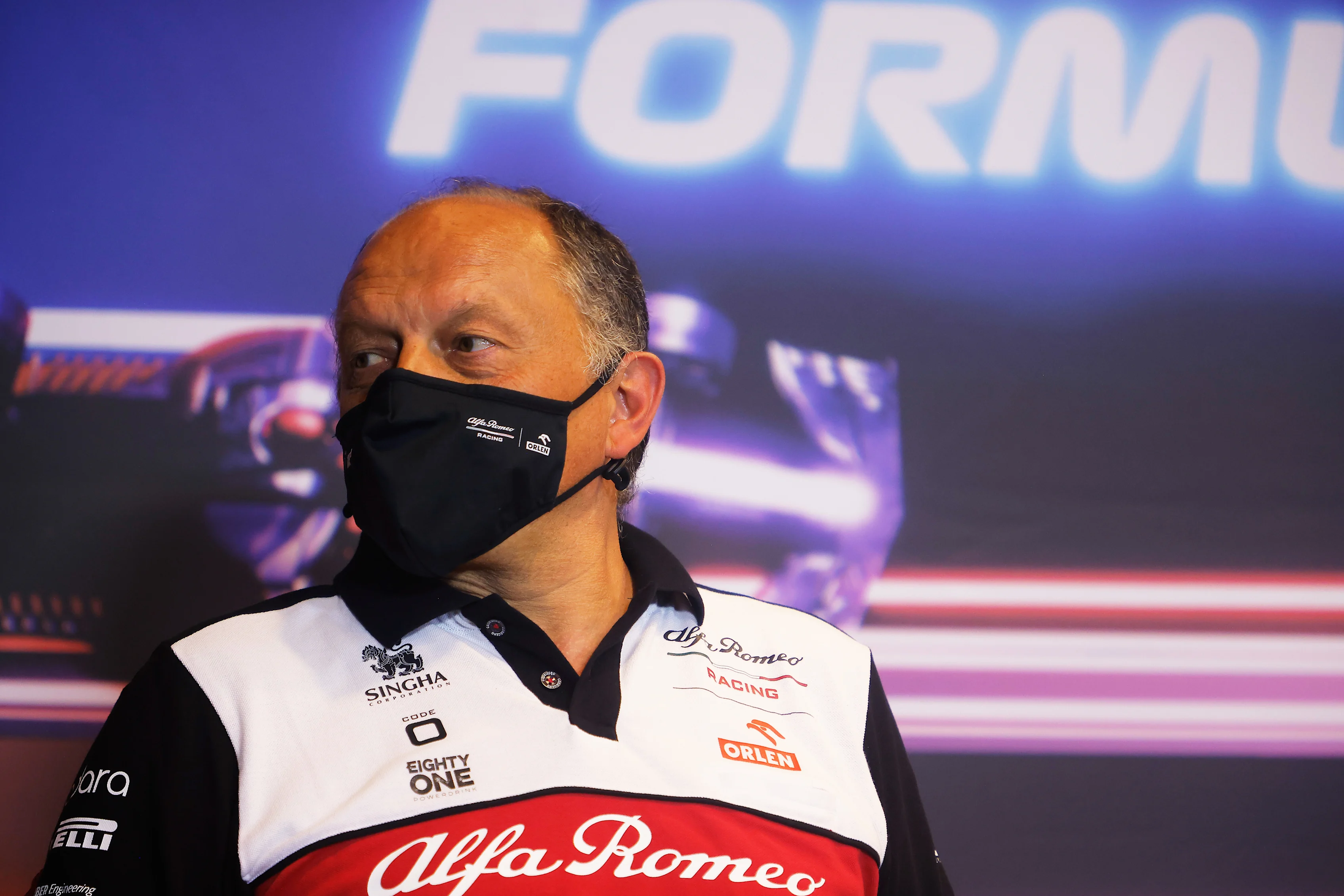 BAKU, AZERBAIJAN - JUNE 04: Alfa Romeo Racing Team Principal Frederic Vasseur talks in the Team Principals Press Conference during practice ahead of the F1 Grand Prix of Azerbaijan at Baku City Circuit on June 04, 2021 in Baku, Azerbaijan. (Photo by Maxim Shemetov - Pool/Getty Images)