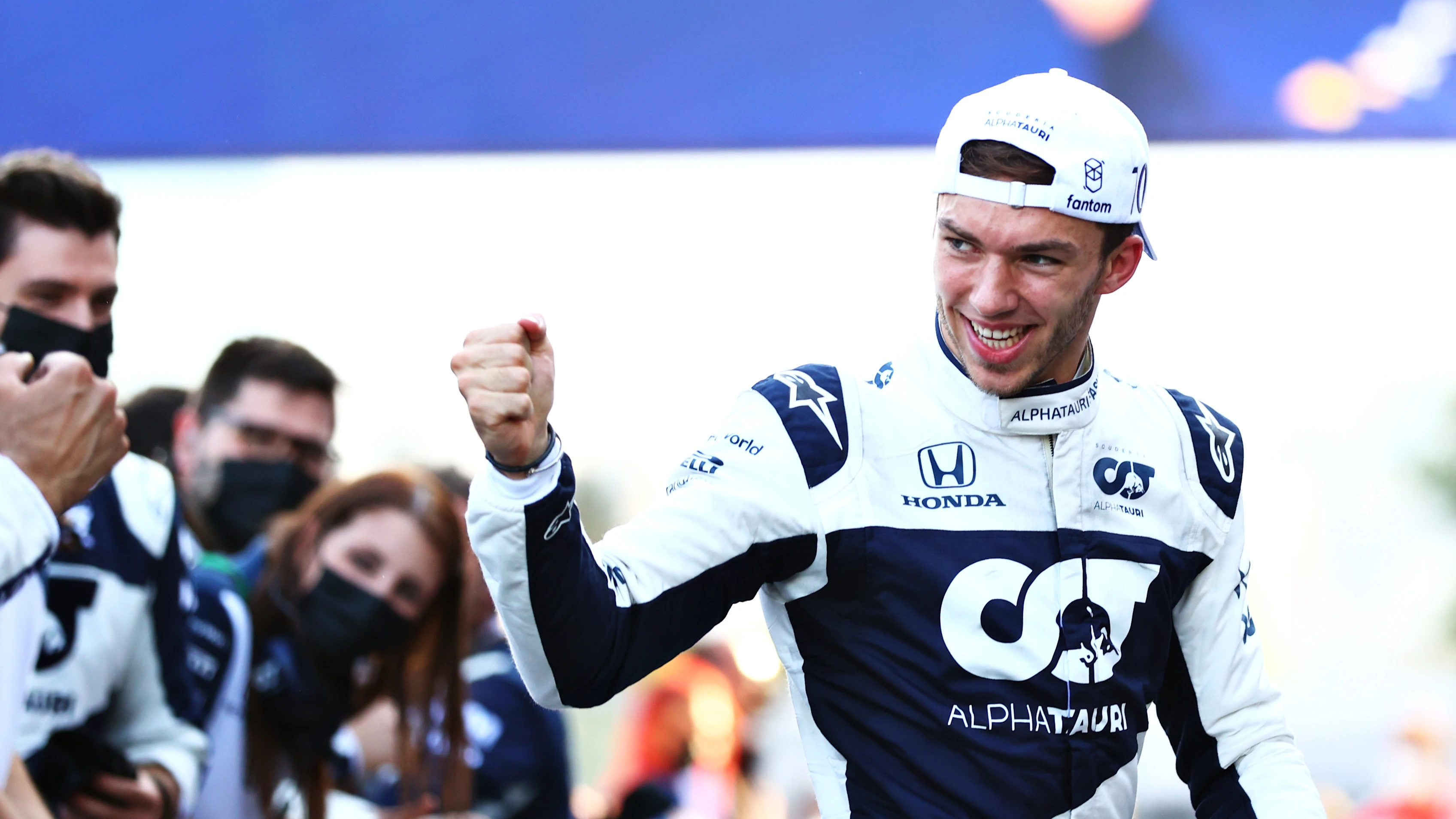 BAKU, AZERBAIJAN - JUNE 06: Third placed Pierre Gasly of France and Scuderia AlphaTauri celebrates