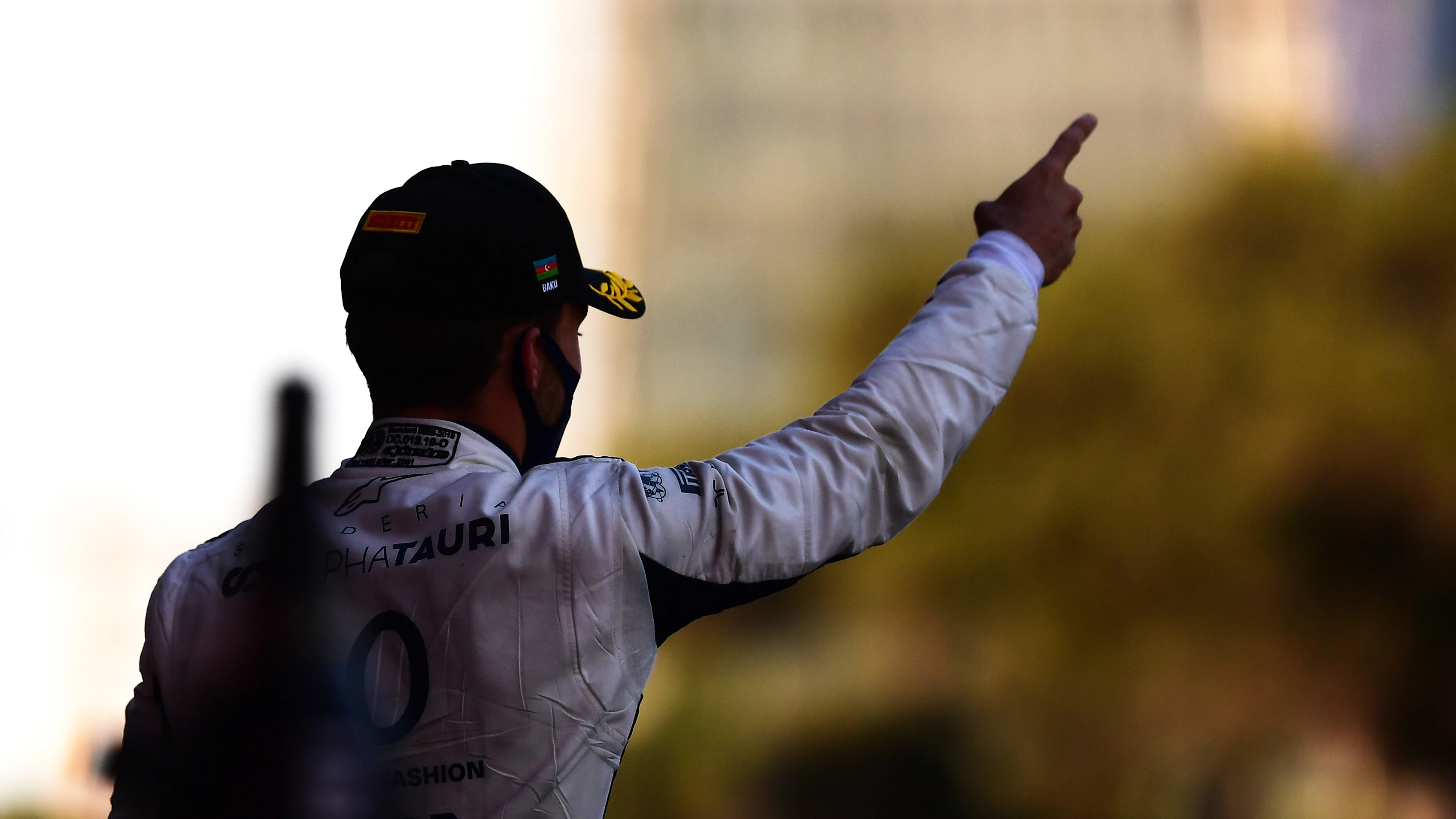 BAKU, AZERBAIJAN - JUNE 06: Third placed Pierre Gasly of France and Scuderia AlphaTauri celebrates on the podium during the F1 Grand Prix of Azerbaijan at Baku City Circuit on June 06, 2021 in Baku, Azerbaijan. (Photo by Mario Renzi - Formula 1/Formula 1 via Getty Images)