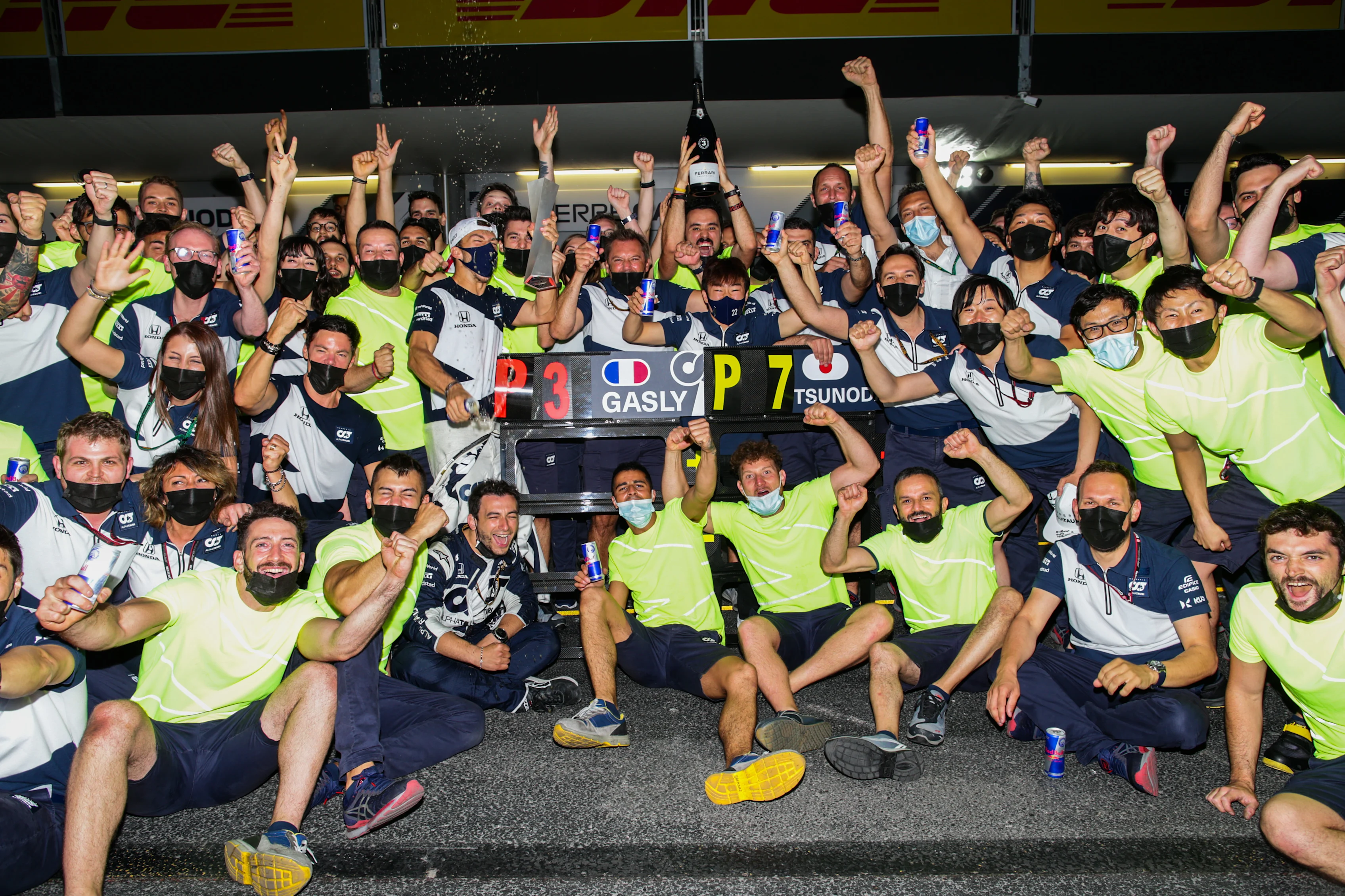 BAKU, AZERBAIJAN - JUNE 06: Scuderia AlphaTauri celebrate 3rd and 7th positions during the F1 Grand