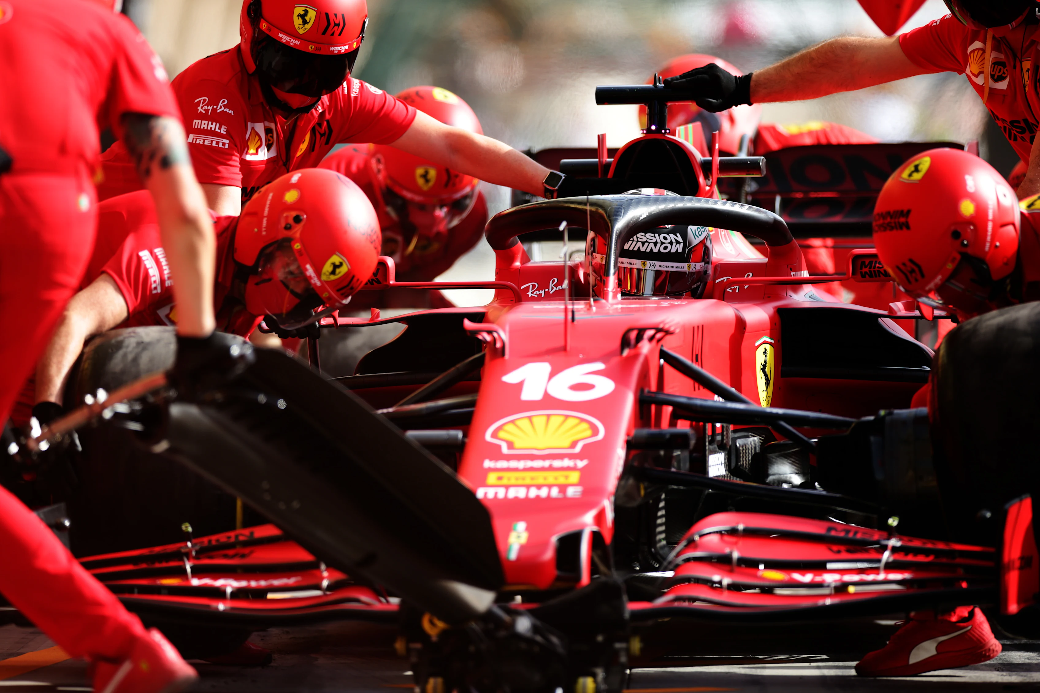 BAHRAIN, BAHRAIN - MARCH 26: Charles Leclerc of Monaco driving the (16) Scuderia Ferrari SF21 stops in the Pitlane during practice ahead of the F1 Grand Prix of Bahrain at Bahrain International Circuit on March 26, 2021 in Bahrain, Bahrain. (Photo by Peter Fox/Getty Images)