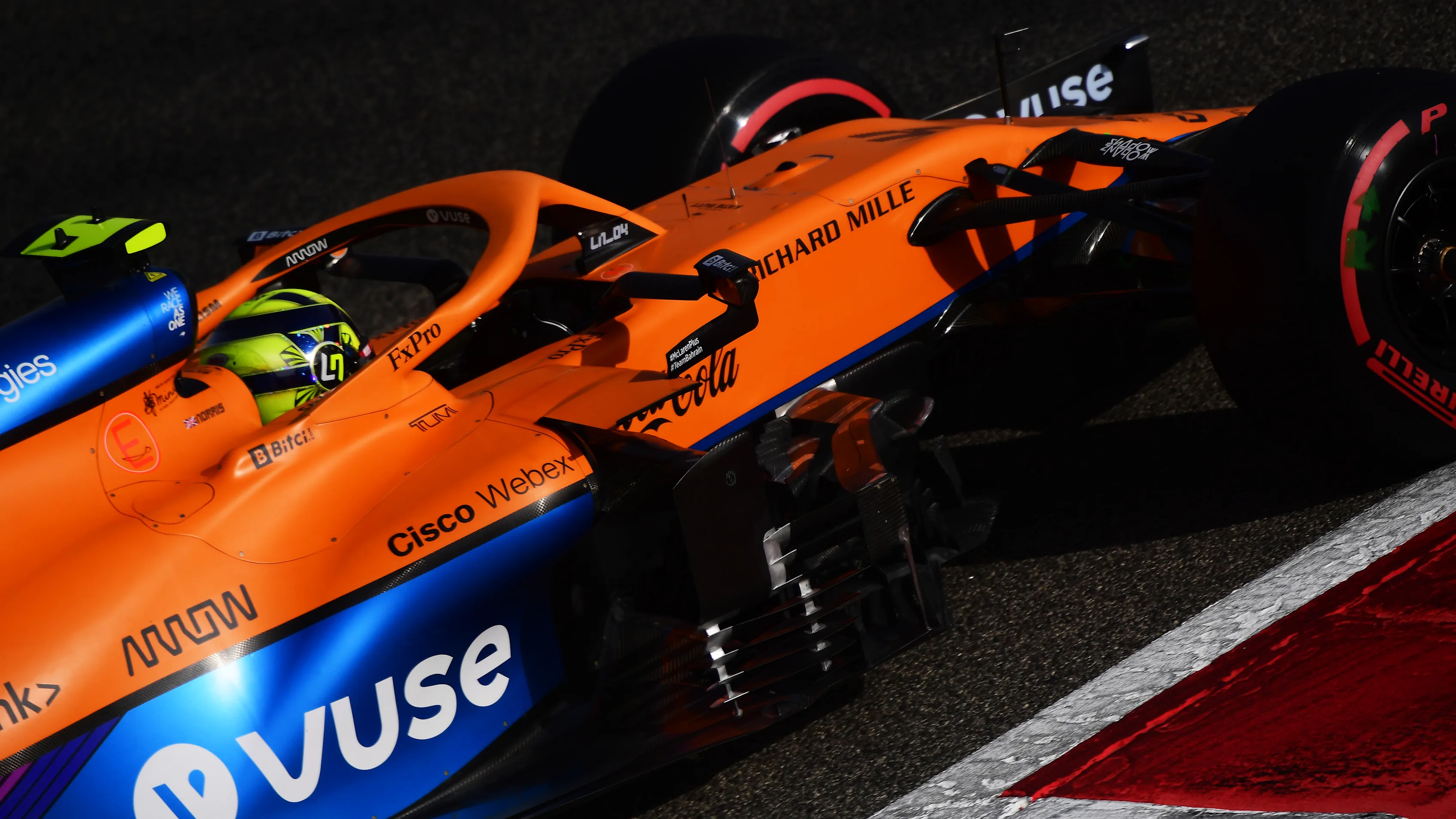 BAHRAIN, BAHRAIN - MARCH 27: Lando Norris of Great Britain driving the (4) McLaren F1 Team MCL35M Mercedes on track during final practice ahead of the F1 Grand Prix of Bahrain at Bahrain International Circuit on March 27, 2021 in Bahrain, Bahrain. (Photo by Mario Renzi - Formula 1/Formula 1 via Getty Images)