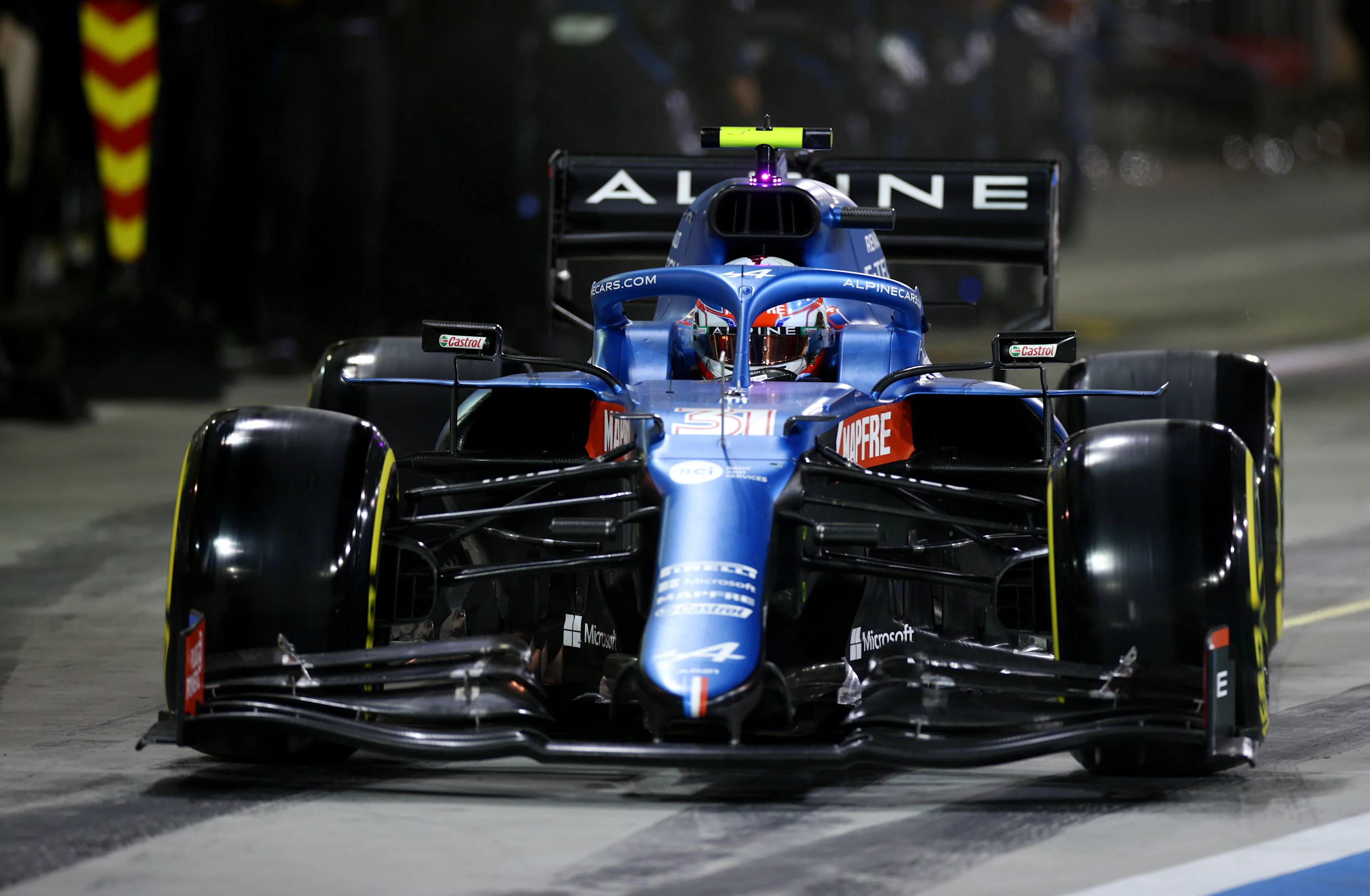 BAHRAIN, BAHRAIN - MARCH 28: Esteban Ocon of France driving the (31) Alpine A521 Renault leaves the pitlane during the F1 Grand Prix of Bahrain at Bahrain International Circuit on March 28, 2021 in Bahrain, Bahrain. (Photo by Peter Fox/Getty Images)