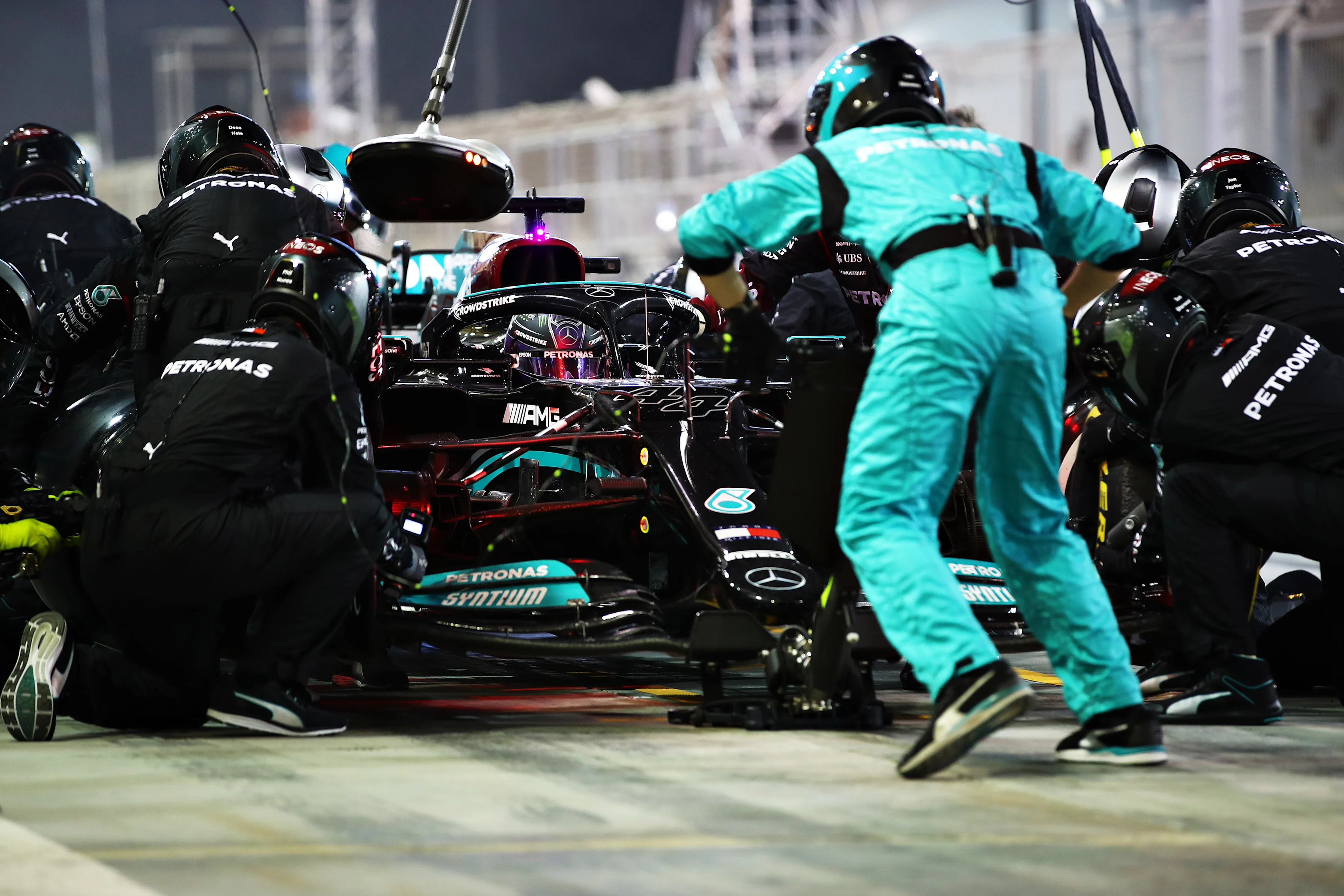 BAHRAIN, BAHRAIN - MARCH 28: Lewis Hamilton of Great Britain driving the (44) Mercedes AMG Petronas