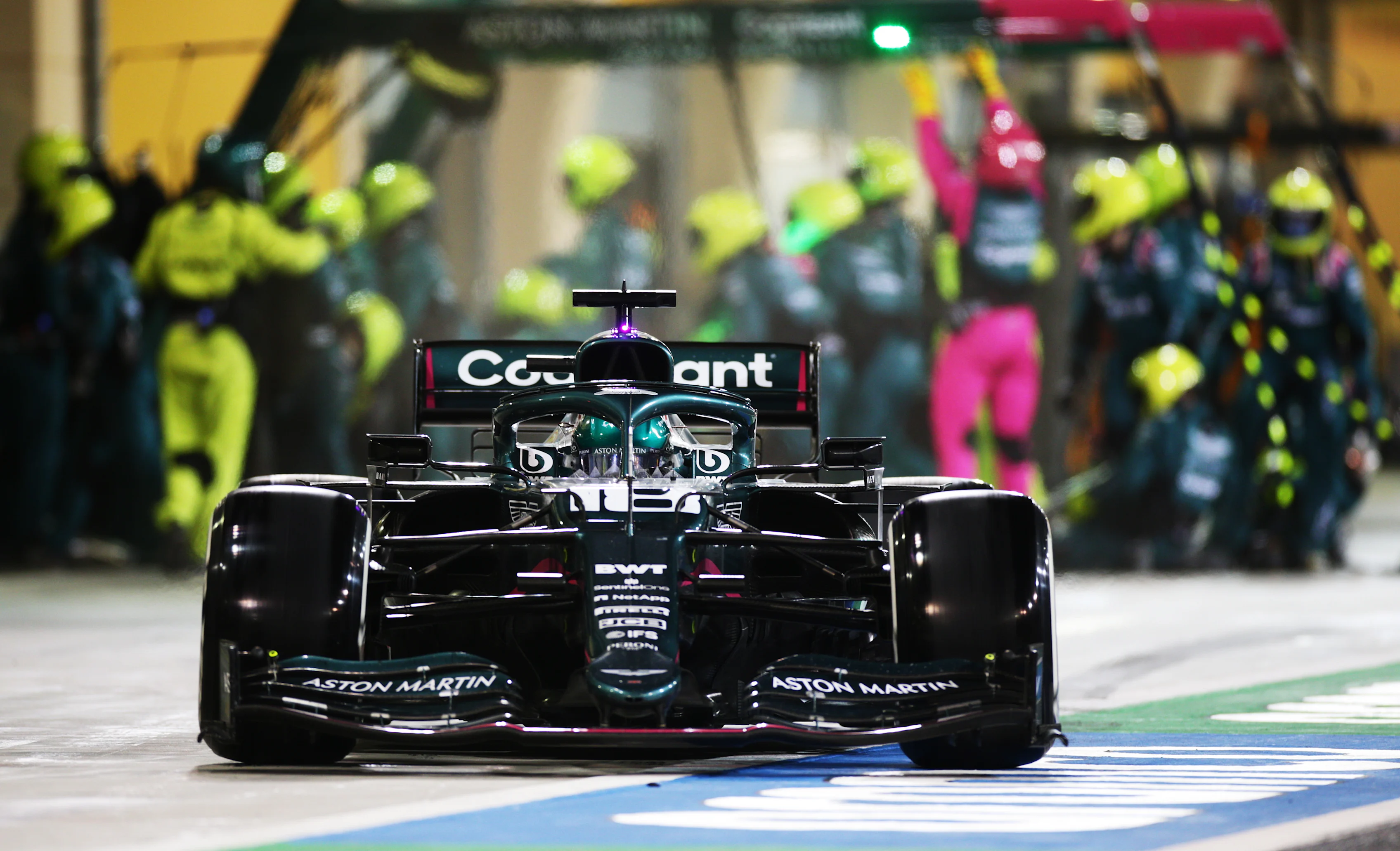BAHRAIN, BAHRAIN - MARCH 28: Lance Stroll of Canada driving the (18) Aston Martin AMR21 Mercedes in