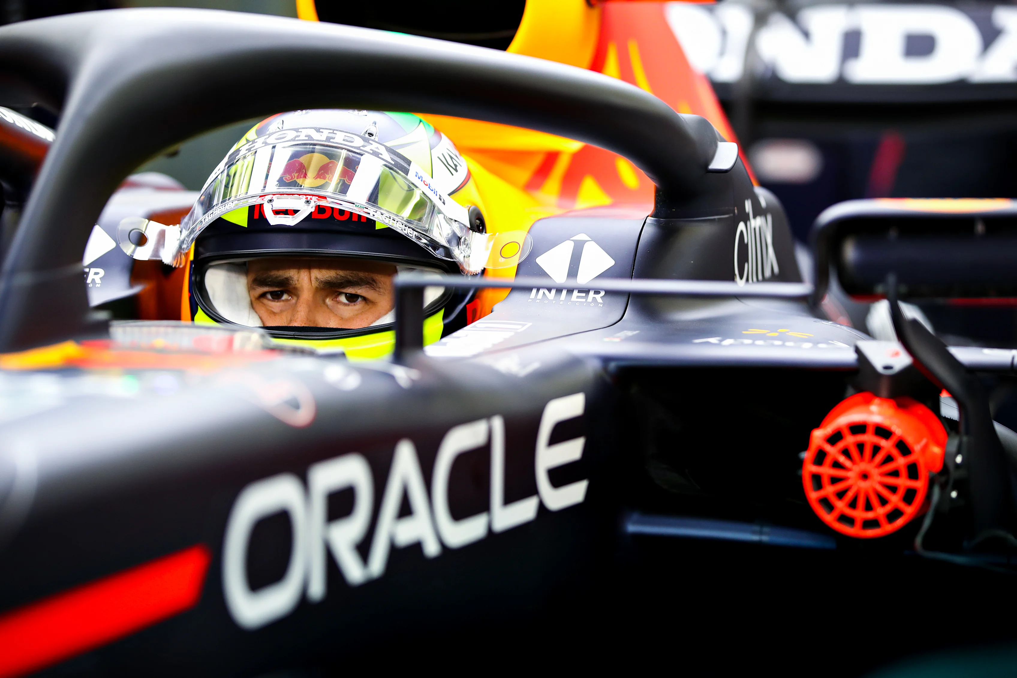 BAHRAIN, BAHRAIN - MARCH 28: Sergio Perez of Mexico and Red Bull Racing prepares to drive in the