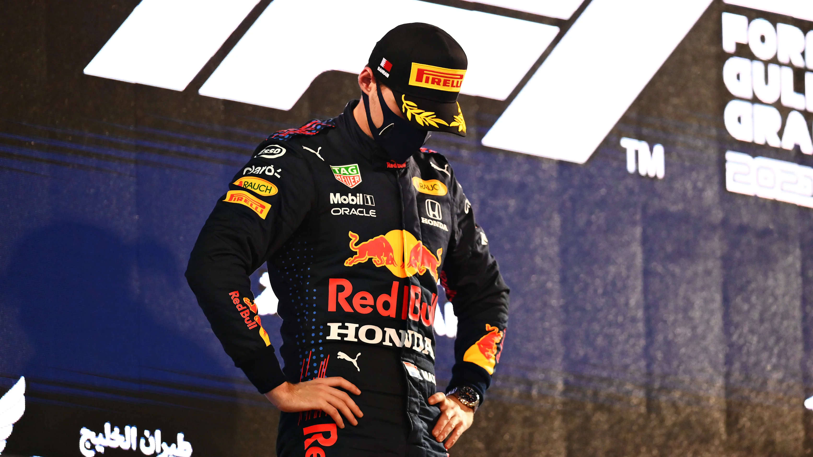 BAHRAIN, BAHRAIN - MARCH 28: Second placed Max Verstappen of Netherlands and Red Bull Racing looks