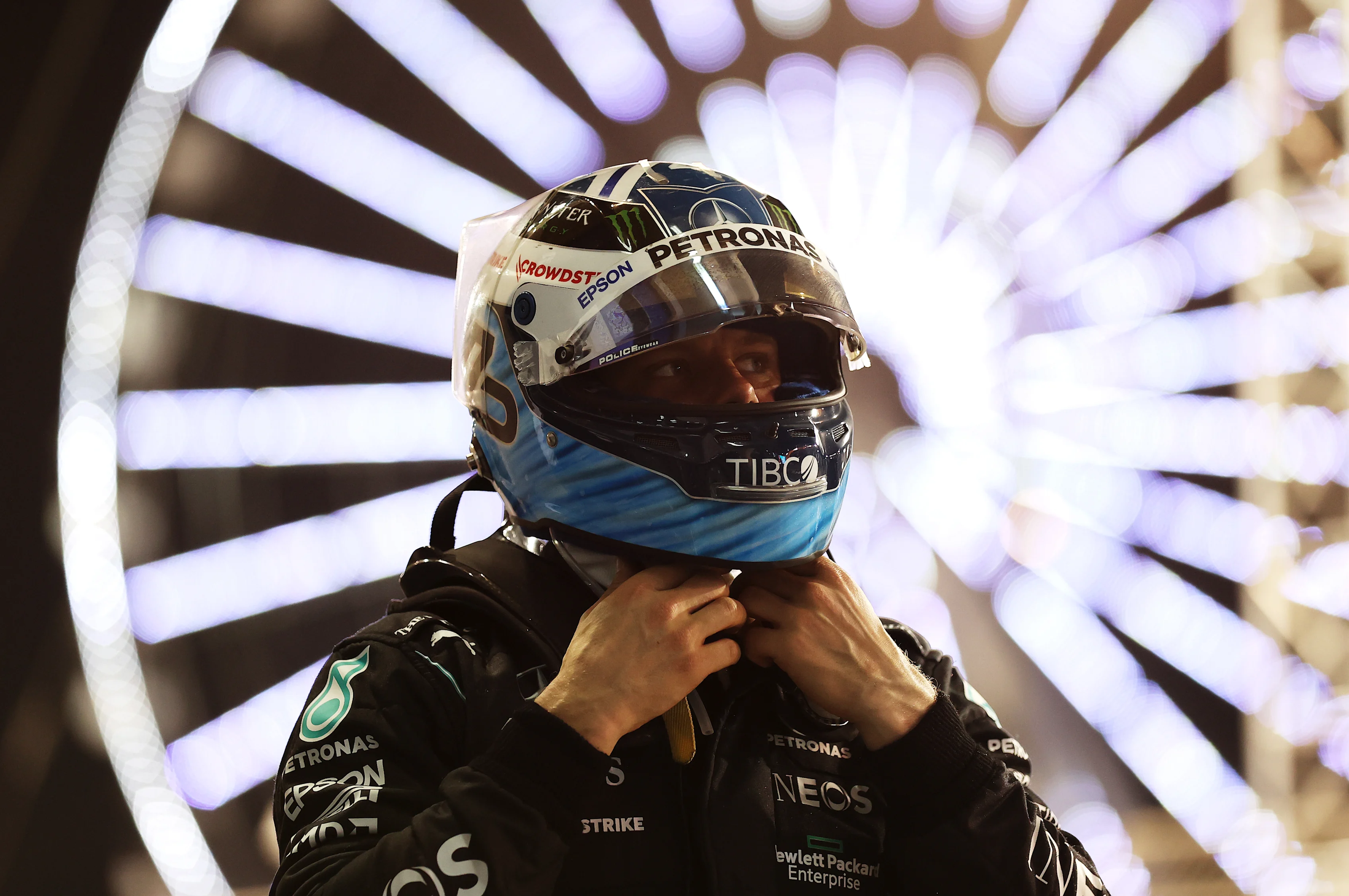BAHRAIN, BAHRAIN - MARCH 28: Third placed Valtteri Bottas of Finland and Mercedes GP looks on in parc ferme during the F1 Grand Prix of Bahrain at Bahrain International Circuit on March 28, 2021 in Bahrain, Bahrain. (Photo by Lars Baron/Getty Images)