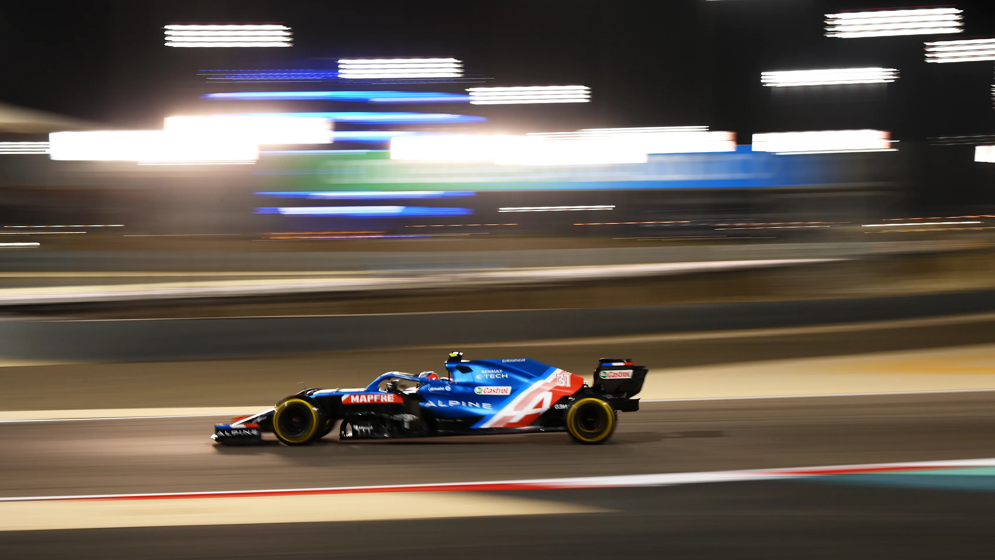 BAHRAIN, BAHRAIN - MARCH 28: Esteban Ocon of France driving the (31) Alpine A521 Renault on track