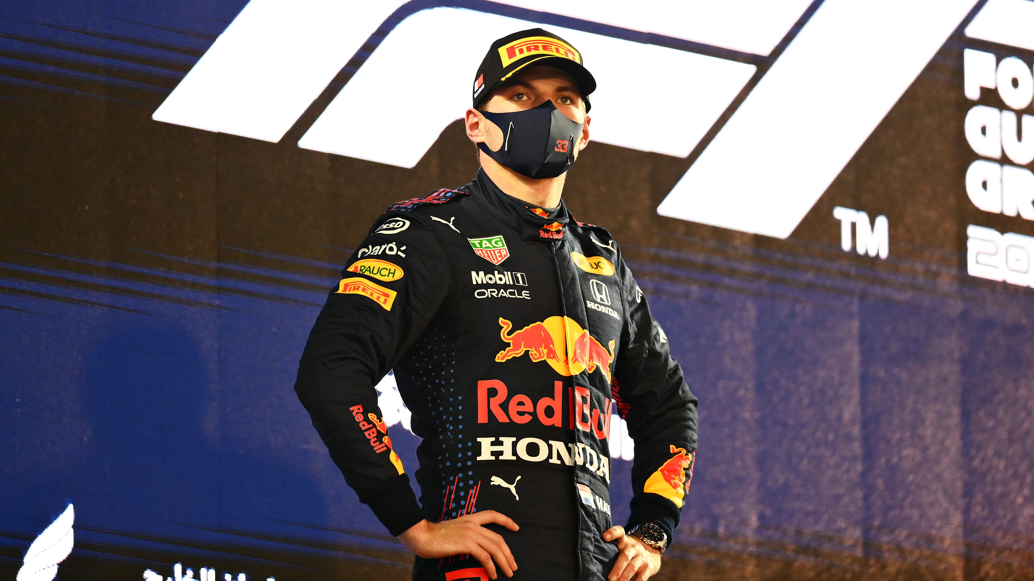 BAHRAIN, BAHRAIN - MARCH 28: Second placed Max Verstappen of Netherlands and Red Bull Racing looks