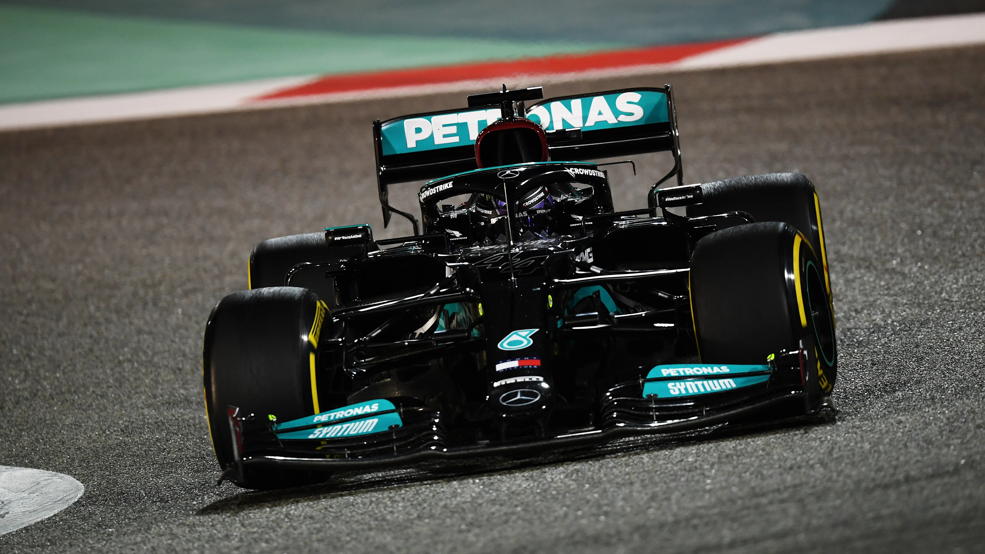 BAHRAIN, BAHRAIN - MARCH 28: Lewis Hamilton of Great Britain driving the (44) Mercedes AMG Petronas