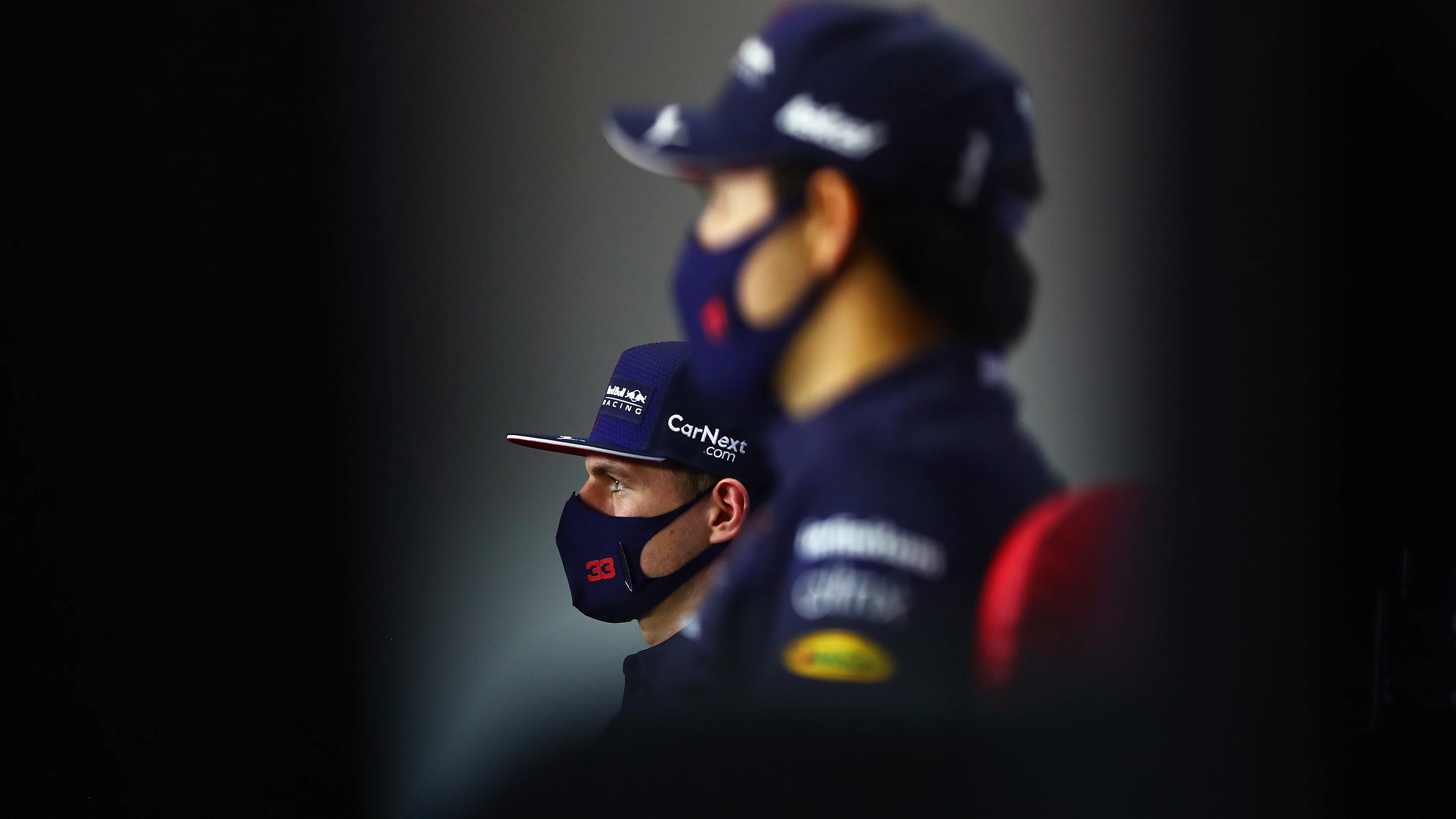 BAHRAIN, BAHRAIN - MARCH 25: Max Verstappen of Netherlands and Red Bull Racing talks in the Drivers