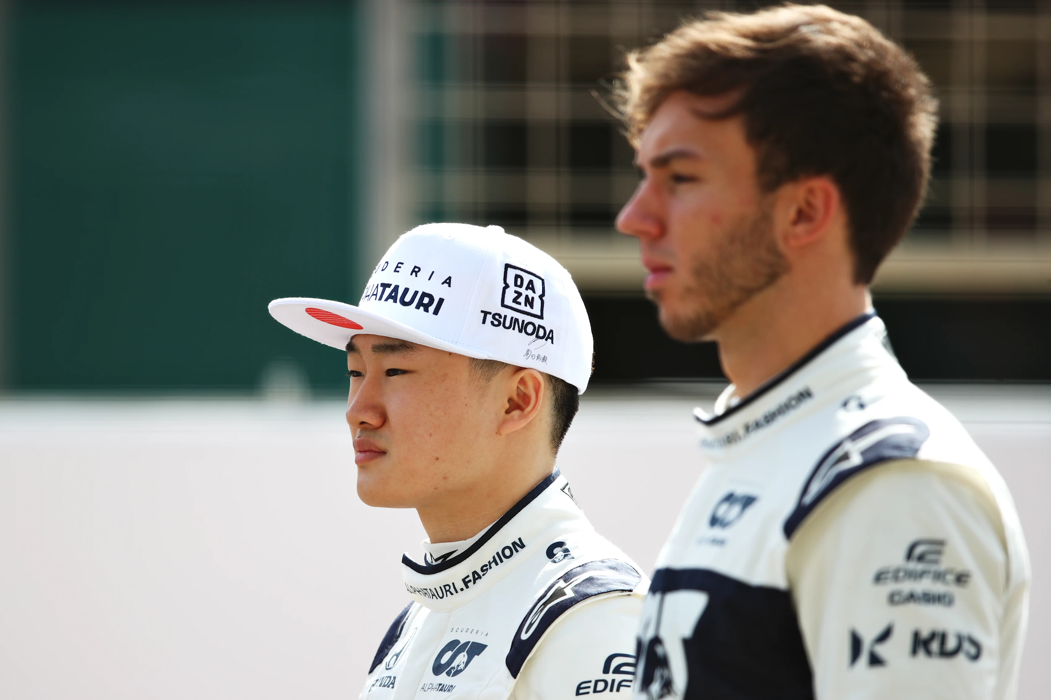 BAHRAIN, BAHRAIN - MARCH 12: Yuki Tsunoda of Japan and Scuderia AlphaTauri and Pierre Gasly of