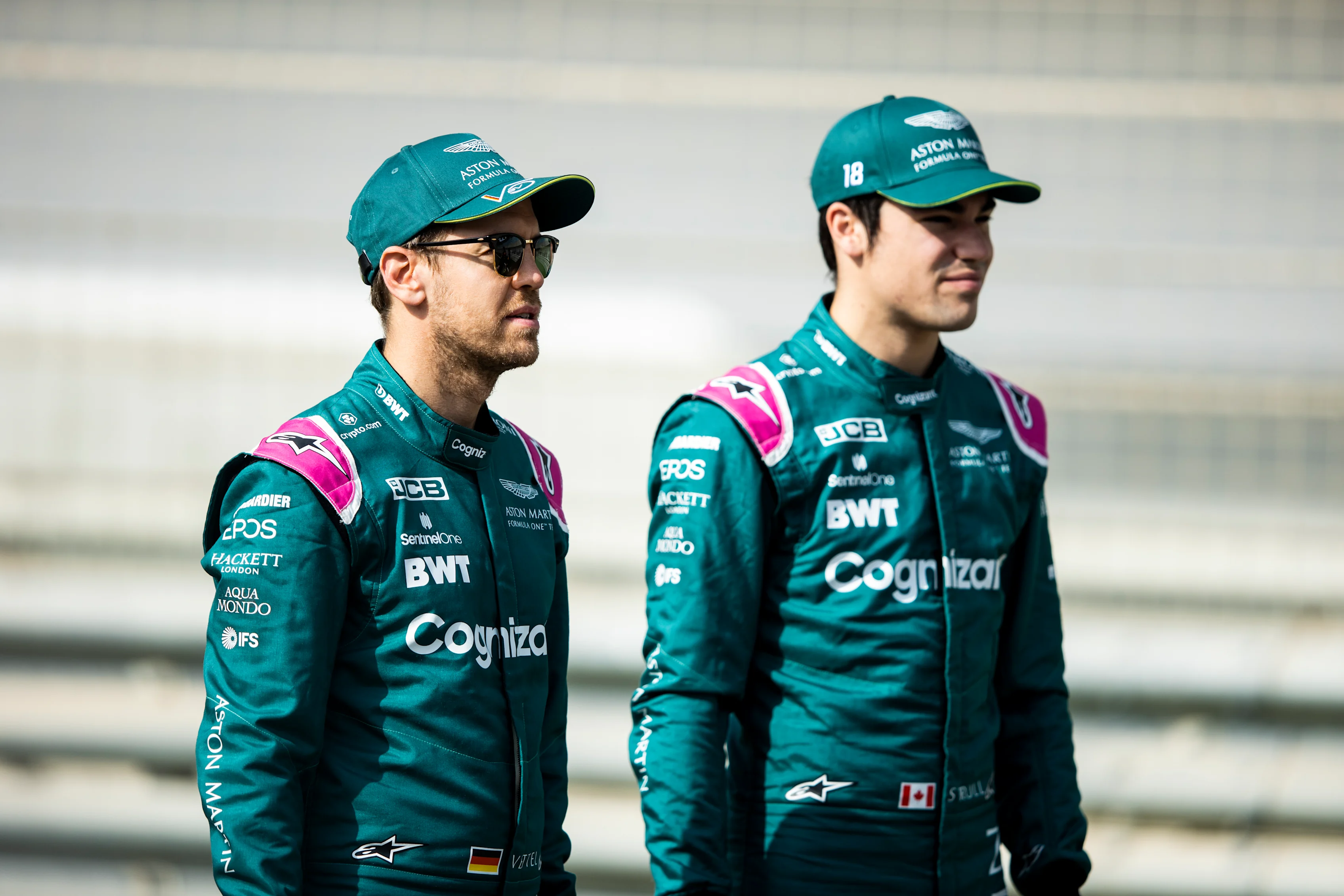 BAHRAIN, BAHRAIN - MARCH 12: Sebastian Vettel of Germany and Aston Martin F1 Team and Lance Stroll