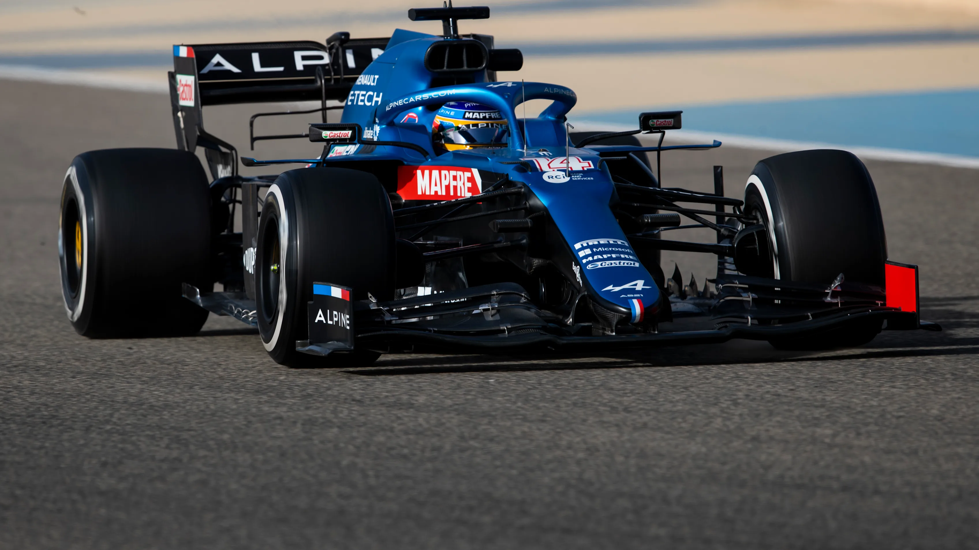 BAHRAIN, BAHRAIN - MARCH 13: Fernando Alonso of Spain driving the (14) Alpine A521 Renault during