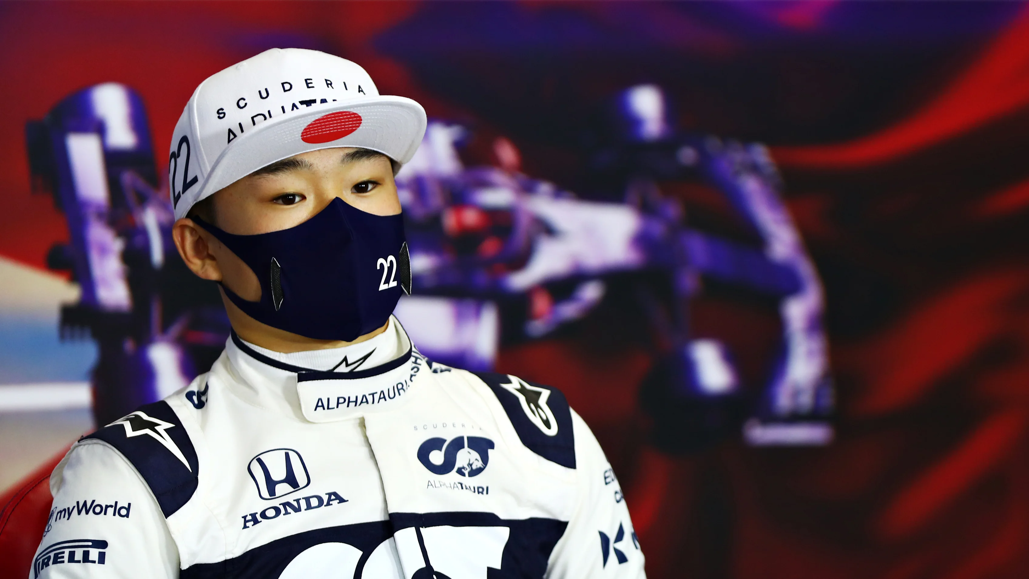 BAHRAIN, BAHRAIN - MARCH 14: Yuki Tsunoda of Japan and Scuderia AlphaTauri talks in a press