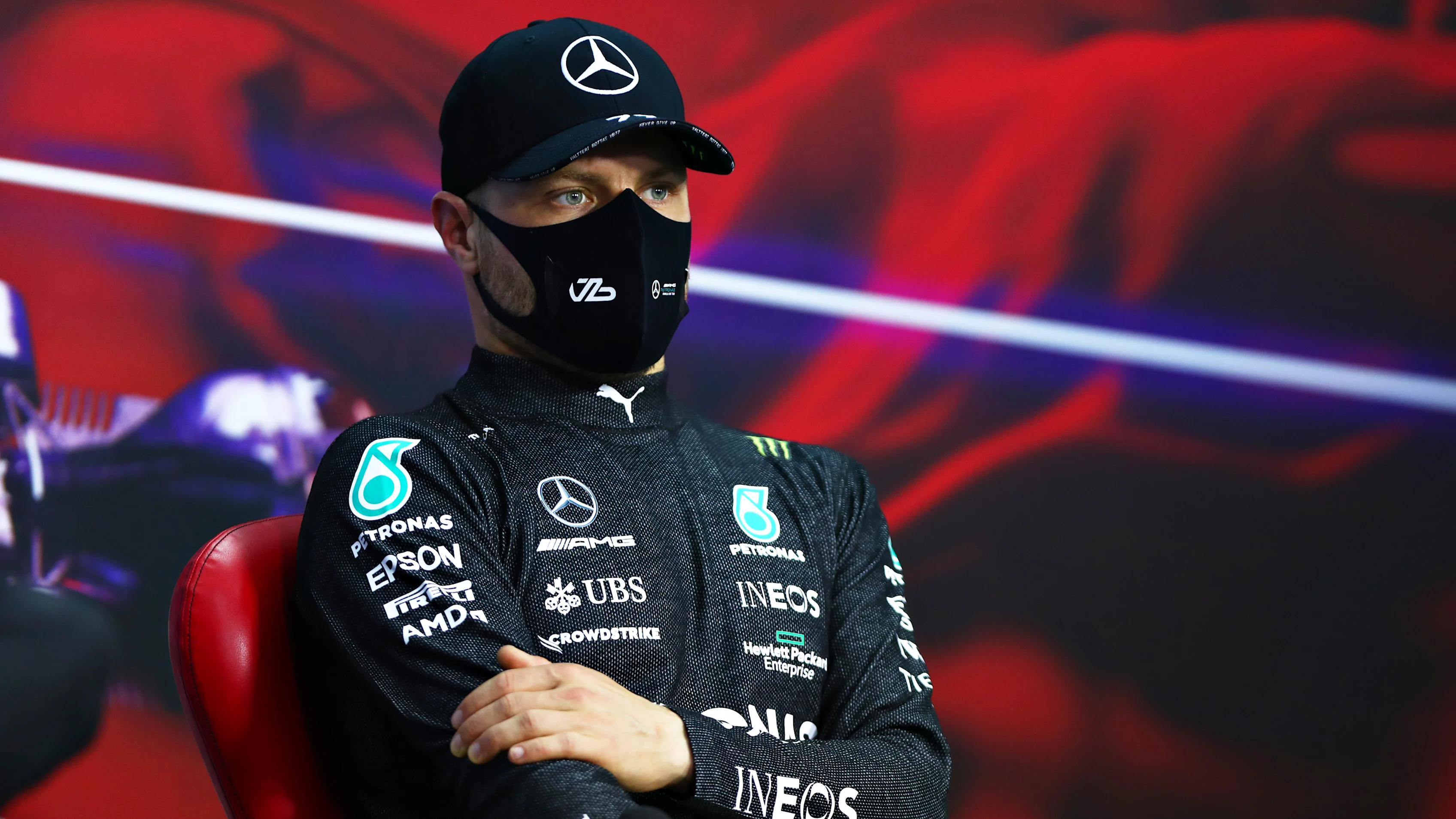 BAHRAIN, BAHRAIN - MARCH 14: Valtteri Bottas of Finland and Mercedes GP talks in a press conference