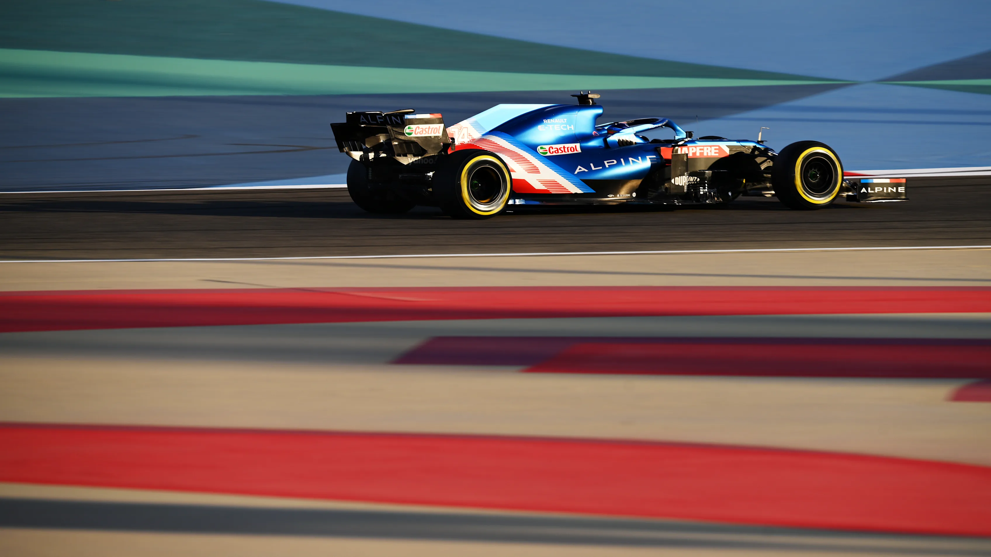 BAHRAIN, BAHRAIN - MARCH 14: Fernando Alonso of Spain driving the (14) Alpine A521 Renault during