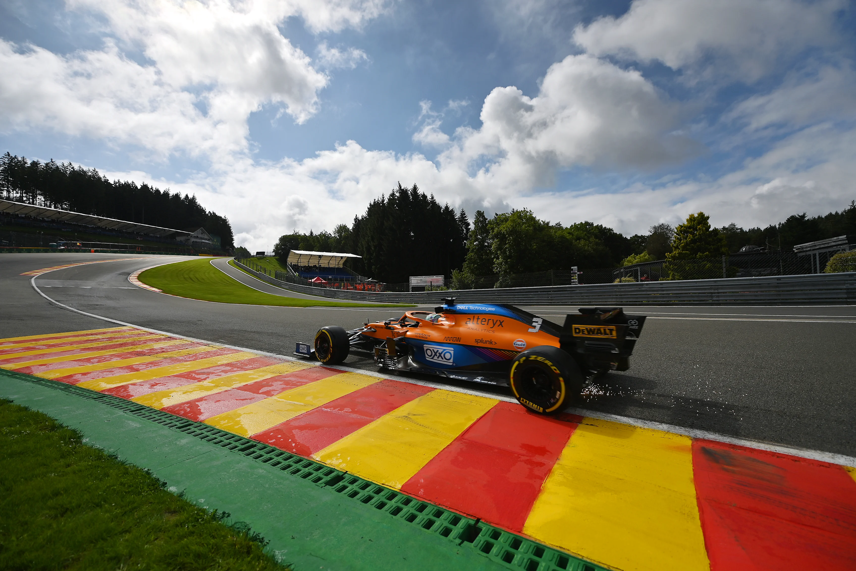 SPA, BELGIUM - AUGUST 27: Daniel Ricciardo of Australia driving the (3) McLaren F1 Team MCL35M Mercedes during practice ahead of the F1 Grand Prix of Belgium at Circuit de Spa-Francorchamps on August 27, 2021 in Spa, Belgium. (Photo by Dan Mullan/Getty Images)