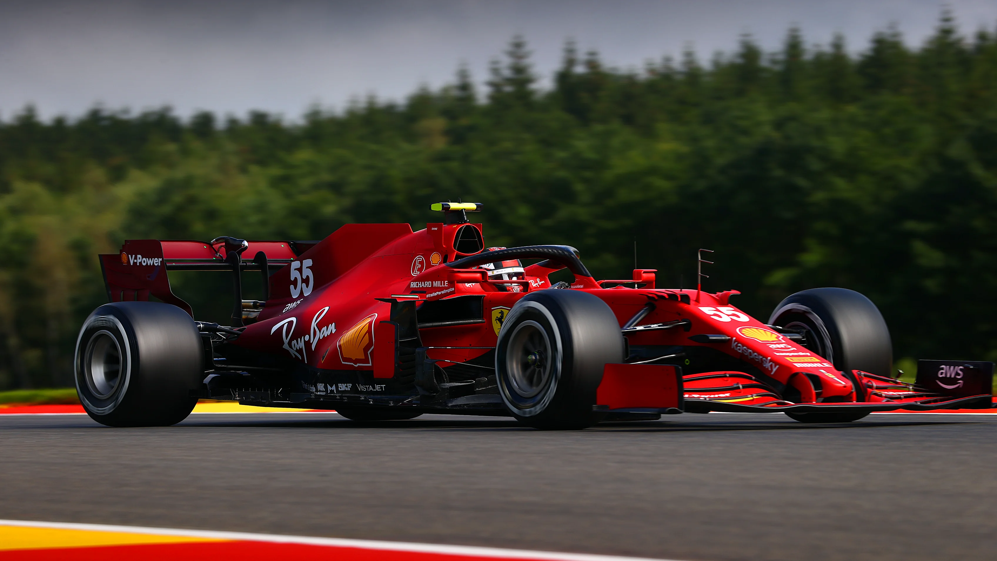 SPA, BELGIUM - AUGUST 27: Carlos Sainz of Spain driving the (55) Scuderia Ferrari SF21 during