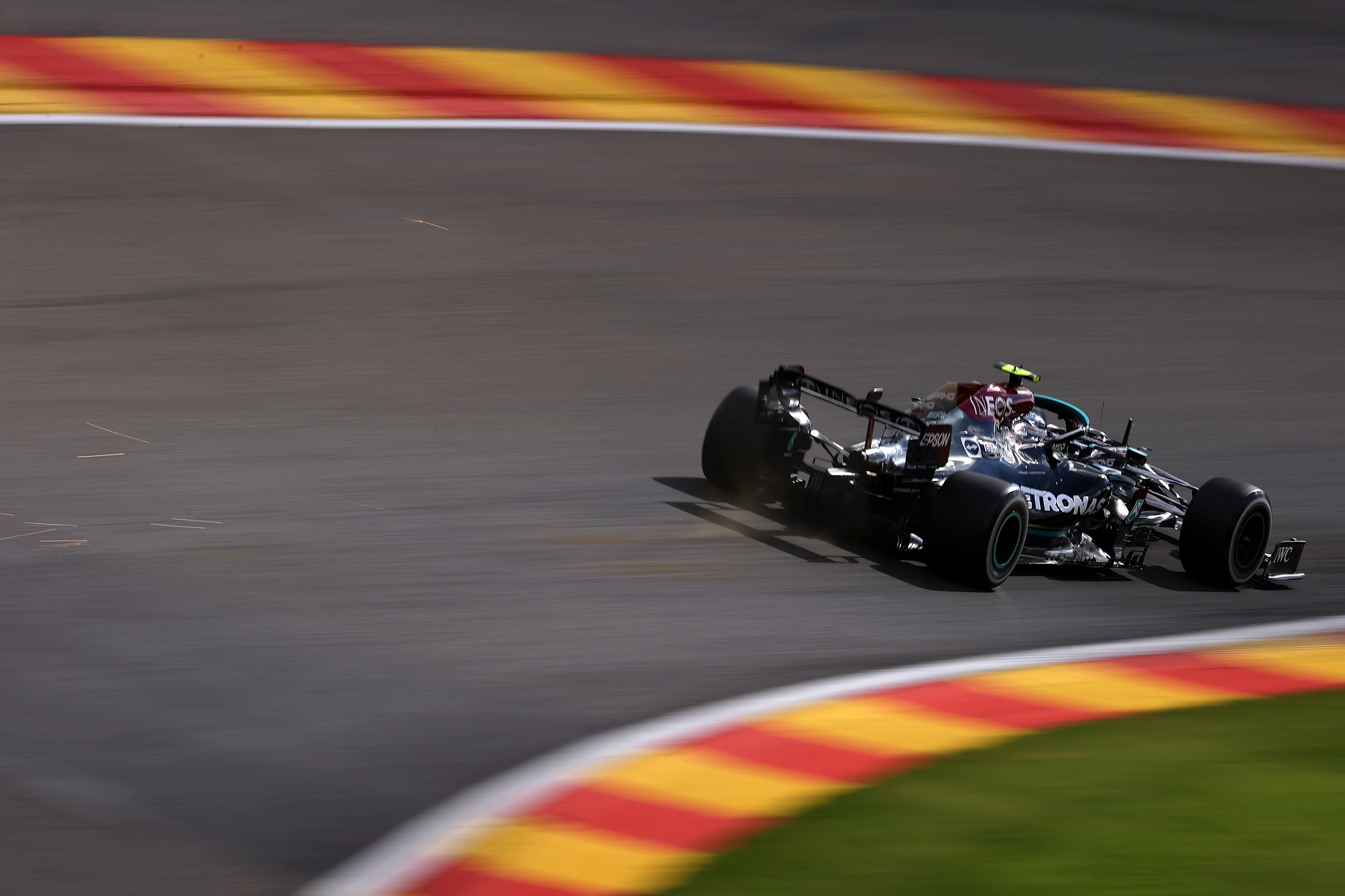 SPA, BELGIUM - AUGUST 27: Valtteri Bottas of Finland driving the (77) Mercedes AMG Petronas F1 Team Mercedes W12 during practice ahead of the F1 Grand Prix of Belgium at Circuit de Spa-Francorchamps on August 27, 2021 in Spa, Belgium. (Photo by Lars Baron/Getty Images)