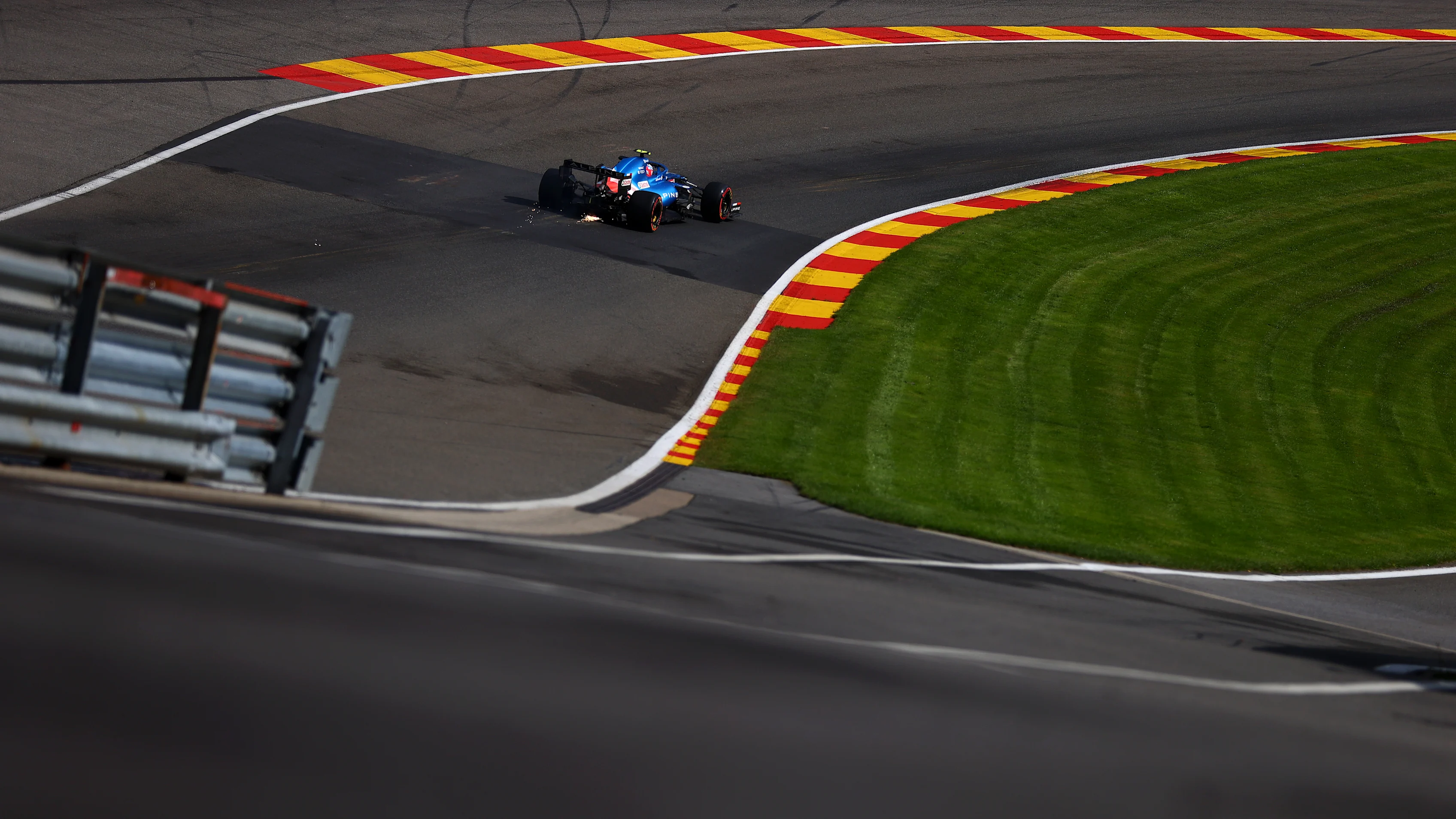SPA, BELGIUM - AUGUST 27: Esteban Ocon of France driving the (31) Alpine A521 Renault during practice ahead of the F1 Grand Prix of Belgium at Circuit de Spa-Francorchamps on August 27, 2021 in Spa, Belgium. (Photo by Dan Istitene - Formula 1/Formula 1 via Getty Images)