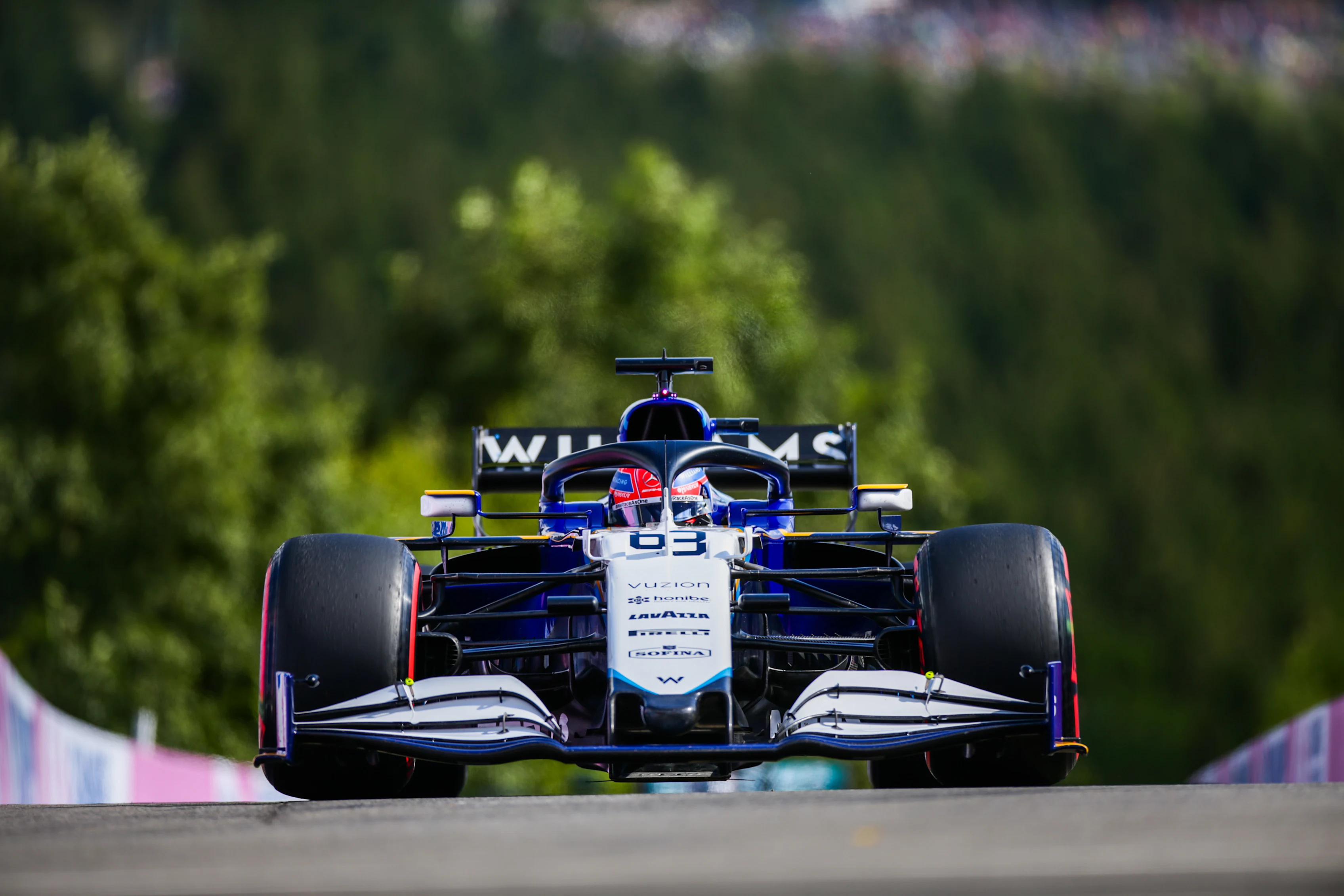 SPA, BELGIUM - AUGUST 27: George Russell of Williams and Great Britain  during practice ahead of the F1 Grand Prix of Belgium at Circuit de Spa-Francorchamps on August 27, 2021 in Spa, Belgium. (Photo by Peter Fox/Getty Images)