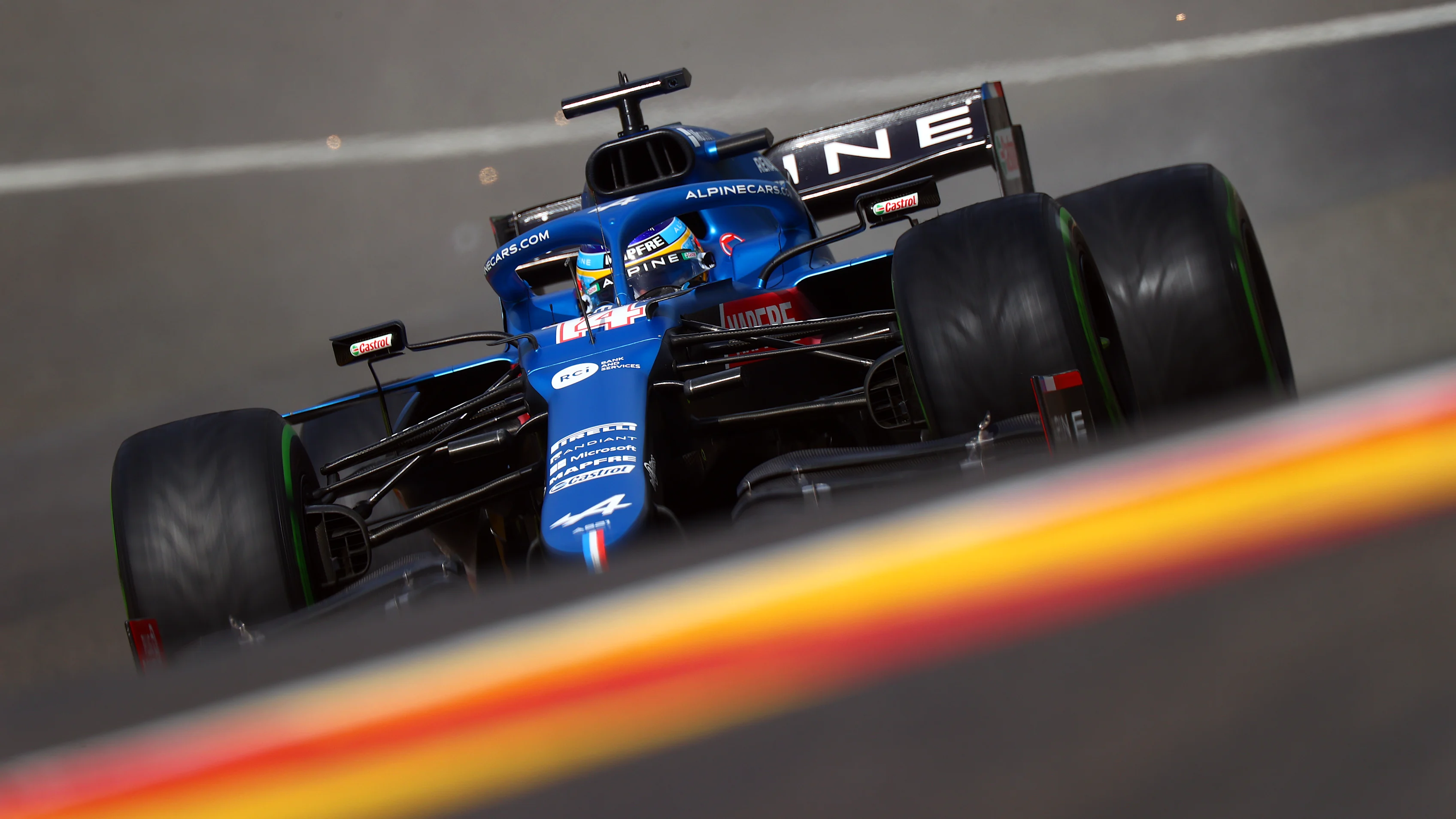SPA, BELGIUM - AUGUST 28: Fernando Alonso of Spain driving the (14) Alpine A521 Renault during final practice ahead of the F1 Grand Prix of Belgium at Circuit de Spa-Francorchamps on August 28, 2021 in Spa, Belgium. (Photo by Dan Istitene - Formula 1/Formula 1 via Getty Images)