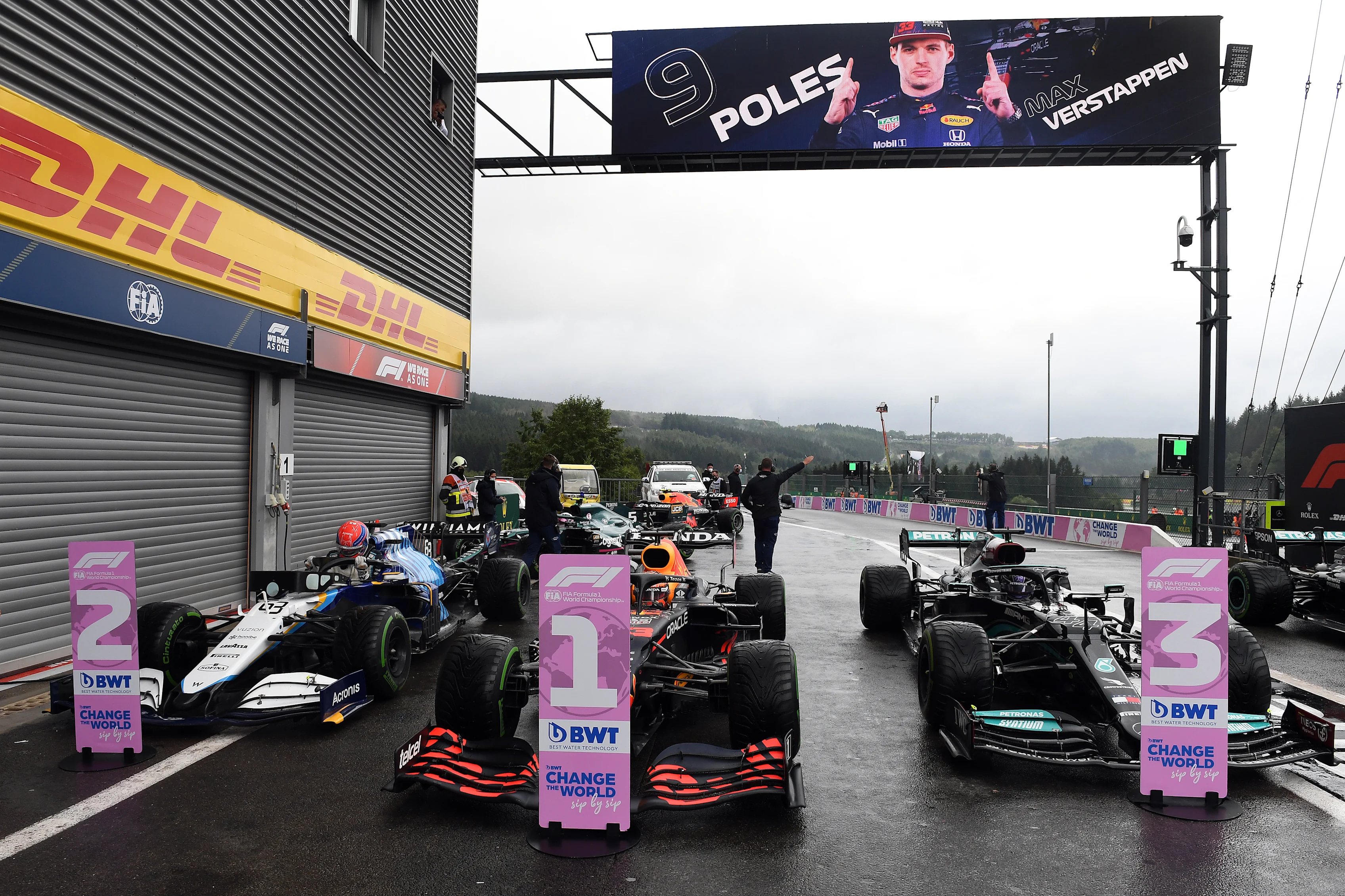 SPA, BELGIUM - AUGUST 28: A general view of parc ferme as pole position qualifier Max Verstappen of