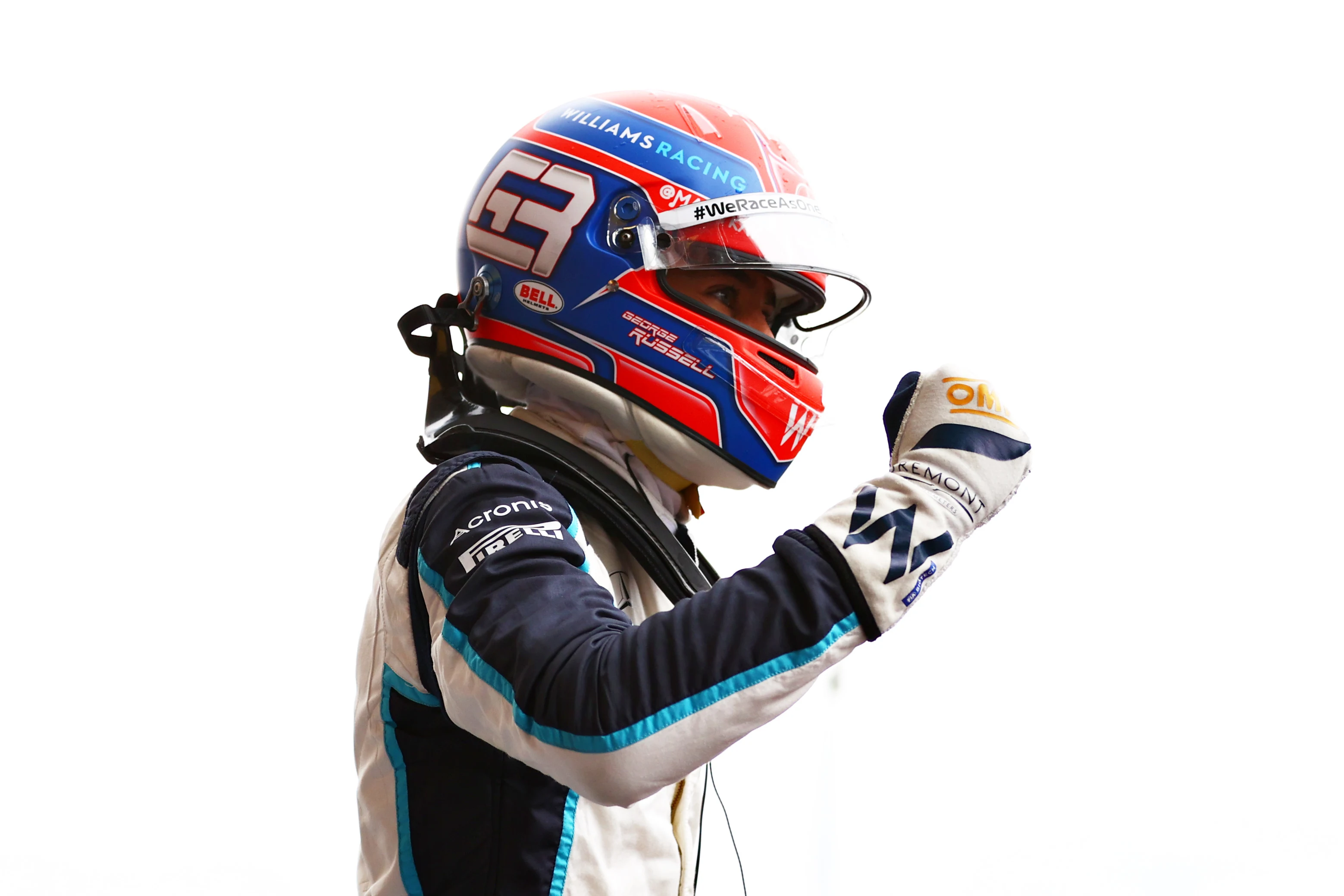 SPA, BELGIUM - AUGUST 28: Second place qualifier George Russell of Great Britain and Williams celebrates in parc ferme during qualifying ahead of the F1 Grand Prix of Belgium at Circuit de Spa-Francorchamps on August 28, 2021 in Spa, Belgium. (Photo by Dan Istitene - Formula 1/Formula 1 via Getty Images)