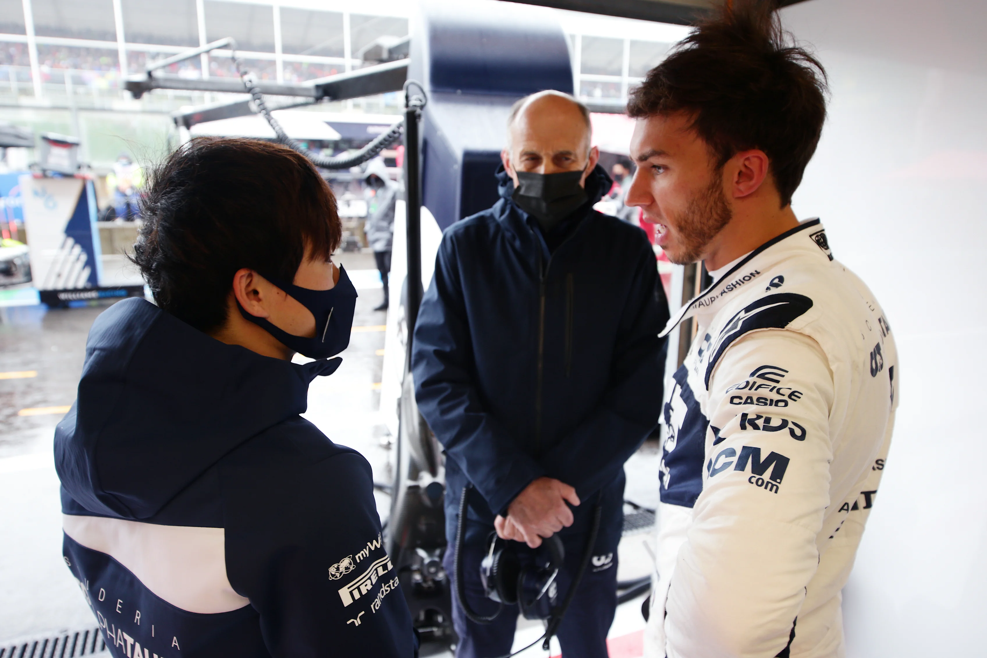 SPA, BELGIUM - AUGUST 29: Yuki Tsunoda of Japan and Scuderia AlphaTauri, Pierre Gasly of France and