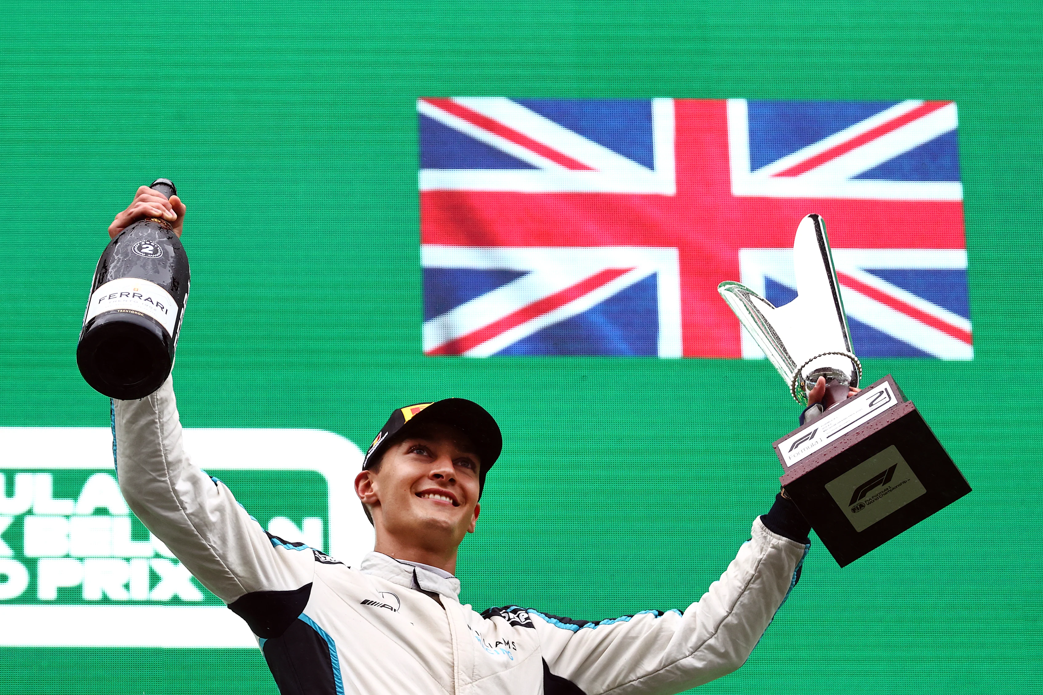 SPA, BELGIUM - AUGUST 29: Second placed George Russell of Great Britain and Williams celebrates on