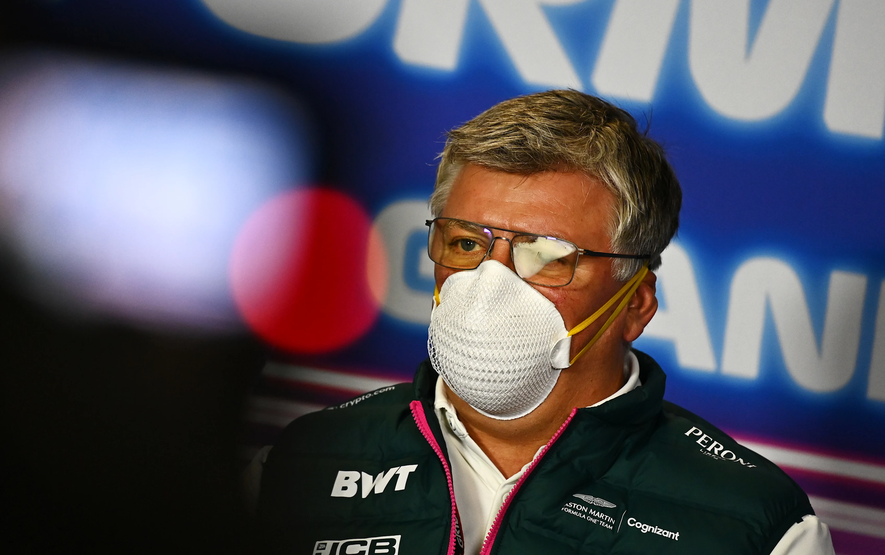 SAO PAULO, BRAZIL - NOVEMBER 12: Otmar Szafnauer, Team Principal and Chief Executive Officer of Aston Martin F1 Team talks in the Team Principals Press Conference after practice ahead of the F1 Grand Prix of Brazil at Autodromo Jose Carlos Pace on November 12, 2021 in Sao Paulo, Brazil. (Photo by Clive Mason/Getty Images)