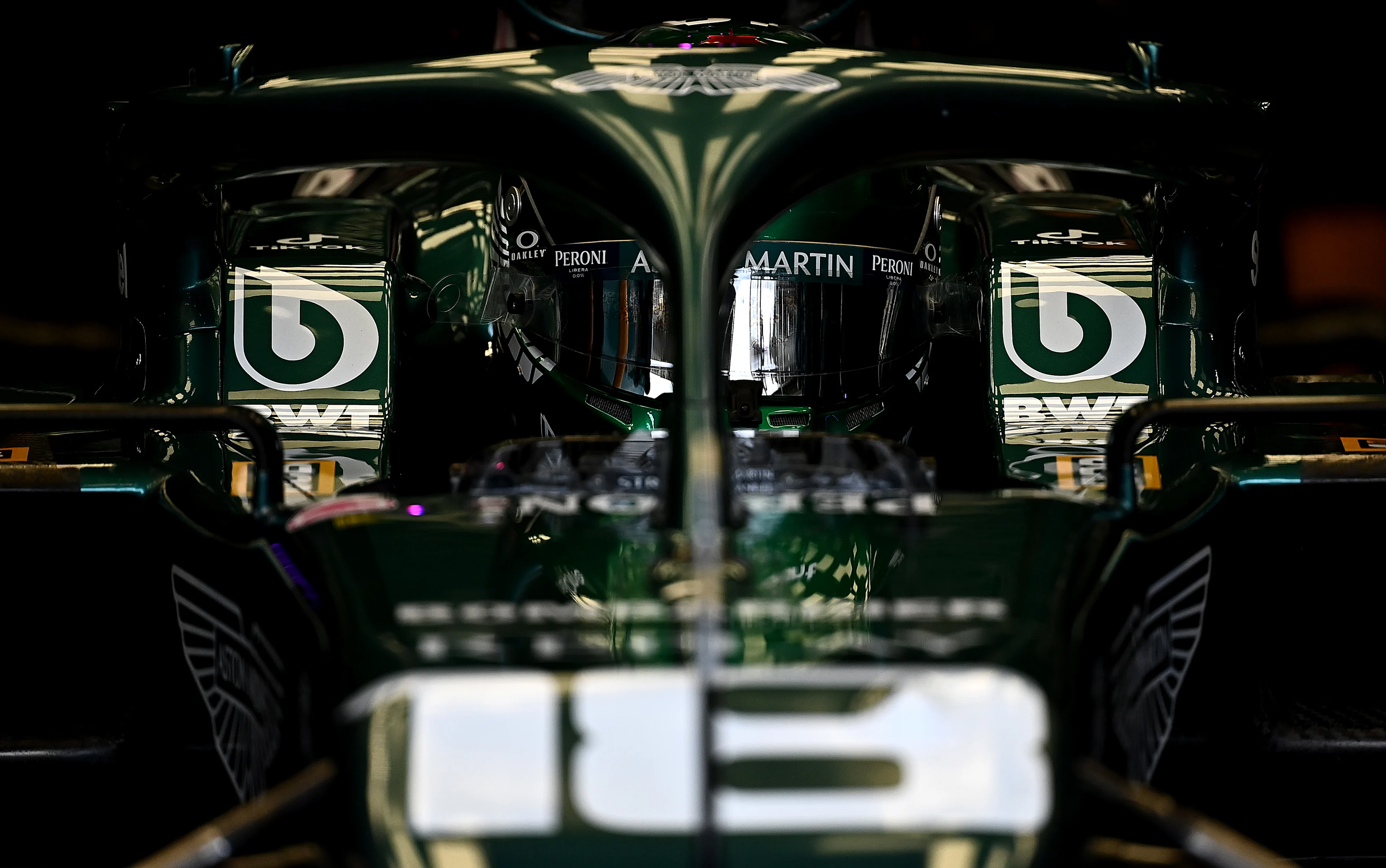 SAO PAULO, BRAZIL - NOVEMBER 12: Lance Stroll of Canada and Aston Martin F1 Team prepares to drive in the garage during practice ahead of the F1 Grand Prix of Brazil at Autodromo Jose Carlos Pace on November 12, 2021 in Sao Paulo, Brazil. (Photo by Clive Mason - Formula 1/Formula 1 via Getty Images)