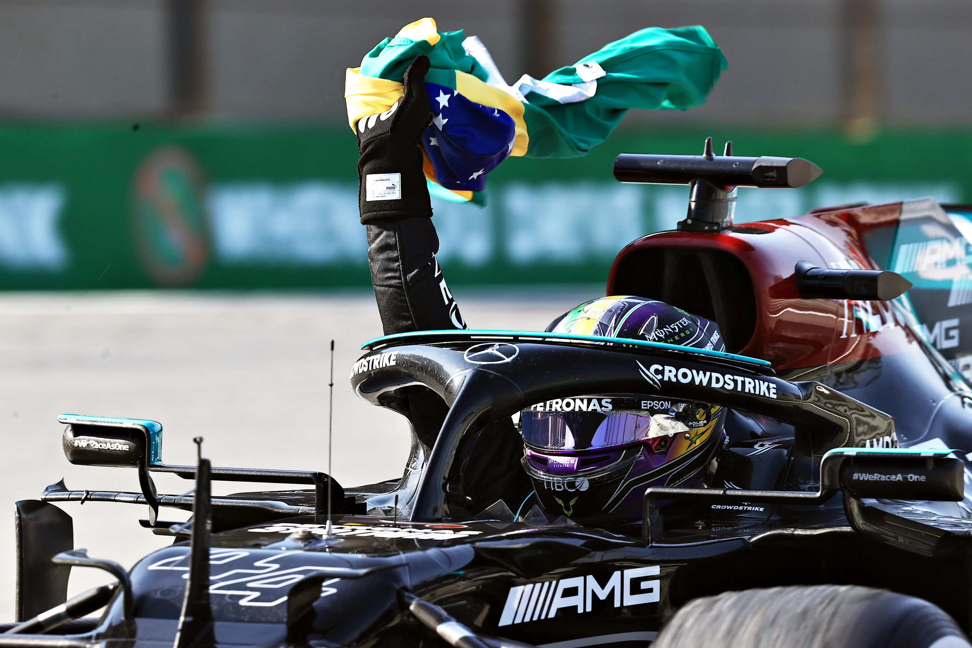 SAO PAULO, BRAZIL - NOVEMBER 14: Race winner Lewis Hamilton of Great Britain and Mercedes GP