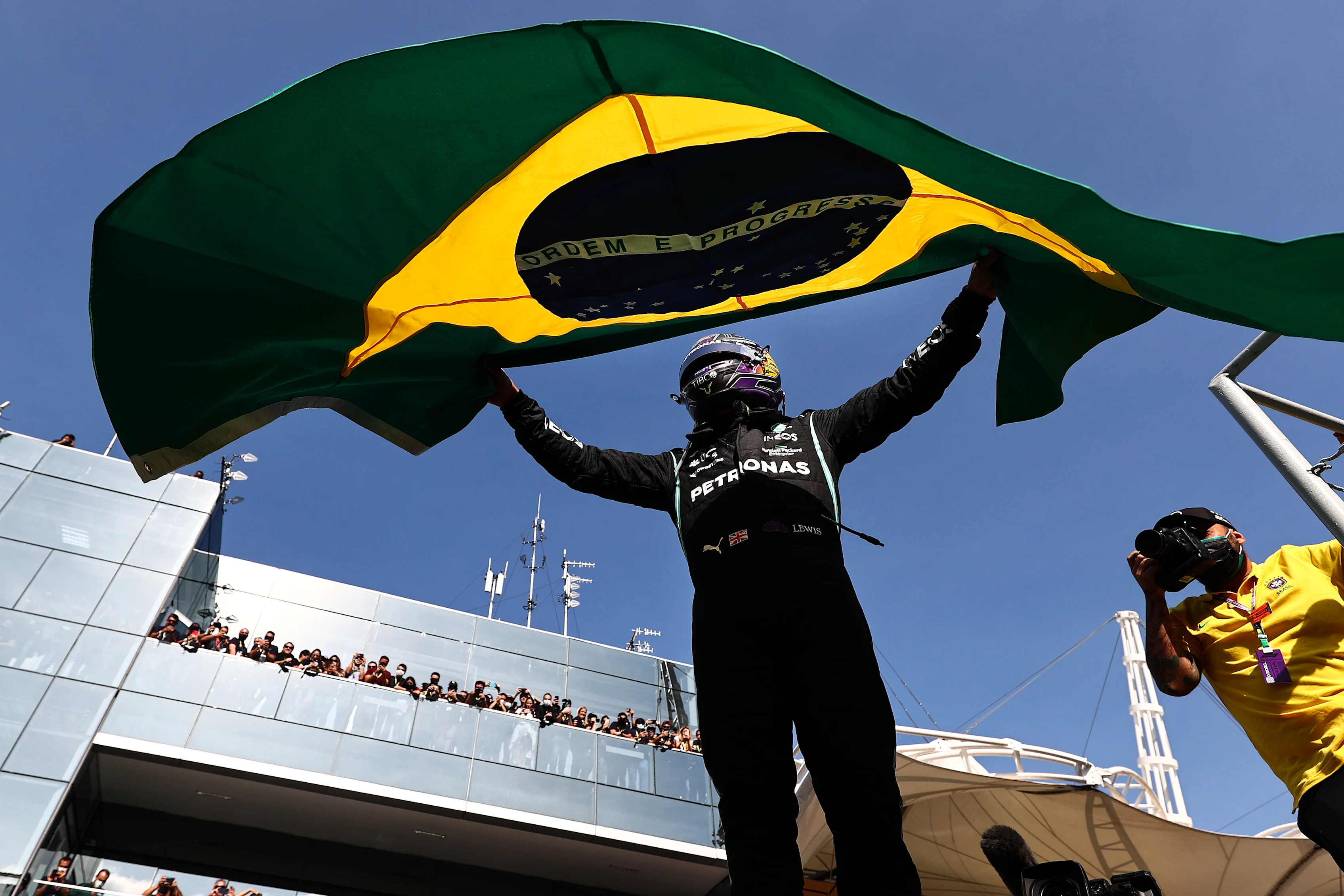 SAO PAULO, BRAZIL - NOVEMBER 14: Race winner Lewis Hamilton of Great Britain and Mercedes GP