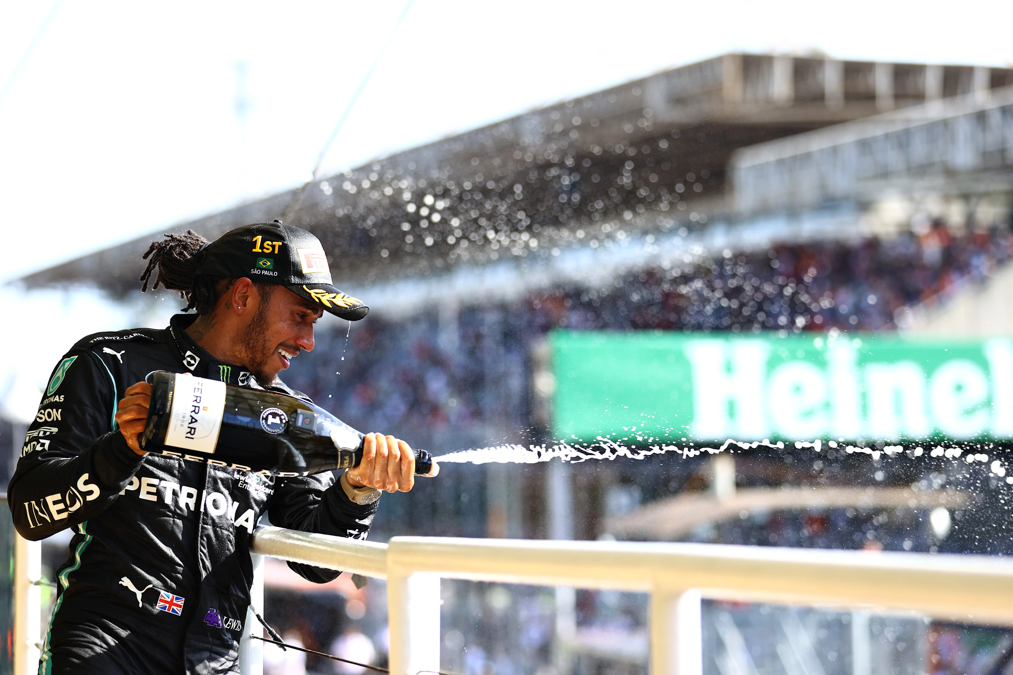 SAO PAULO, BRAZIL - NOVEMBER 14: Race winner Lewis Hamilton of Great Britain and Mercedes GP