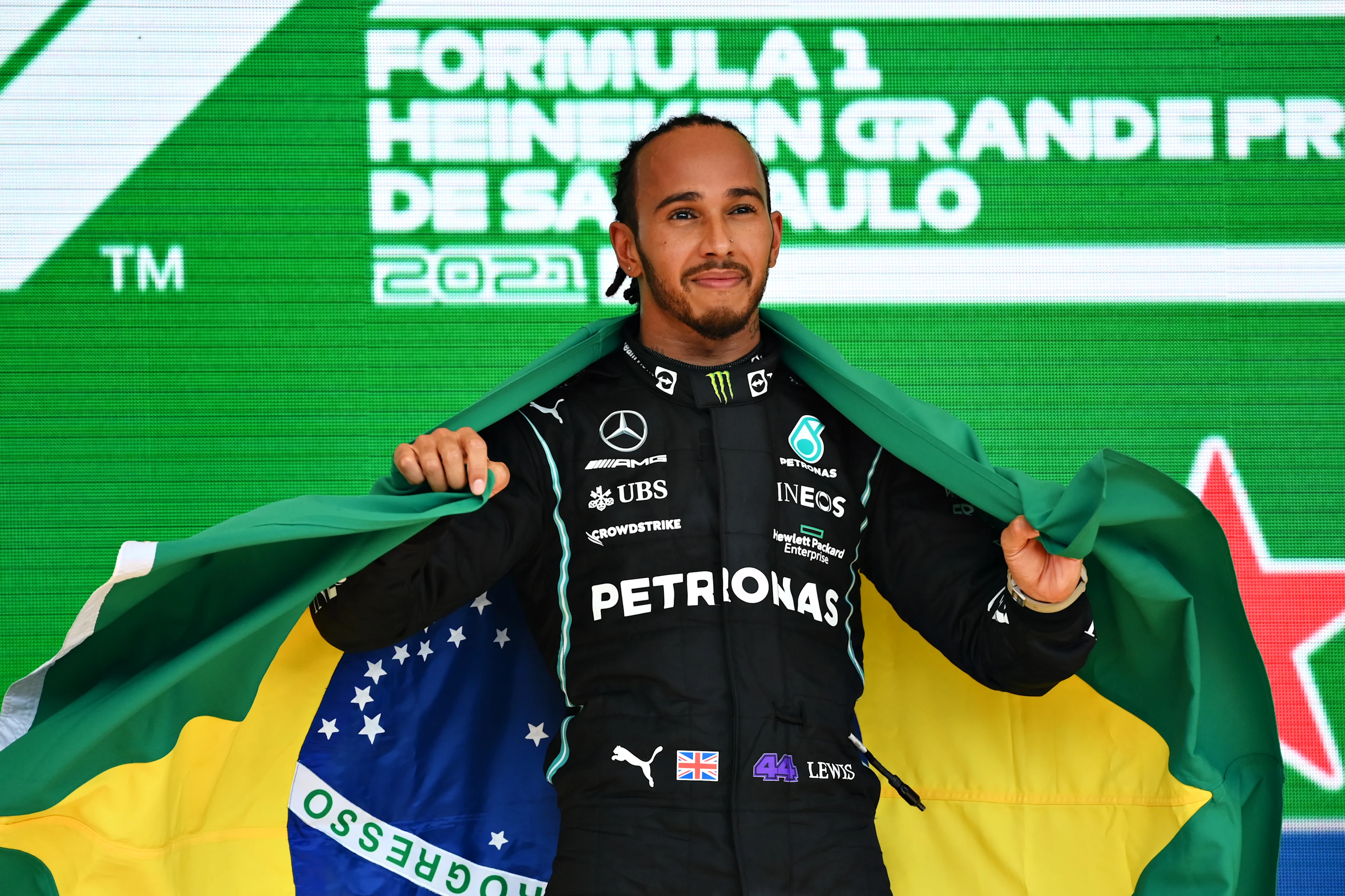 SAO PAULO, BRAZIL - NOVEMBER 14: Race winner Lewis Hamilton of Great Britain and Mercedes GP