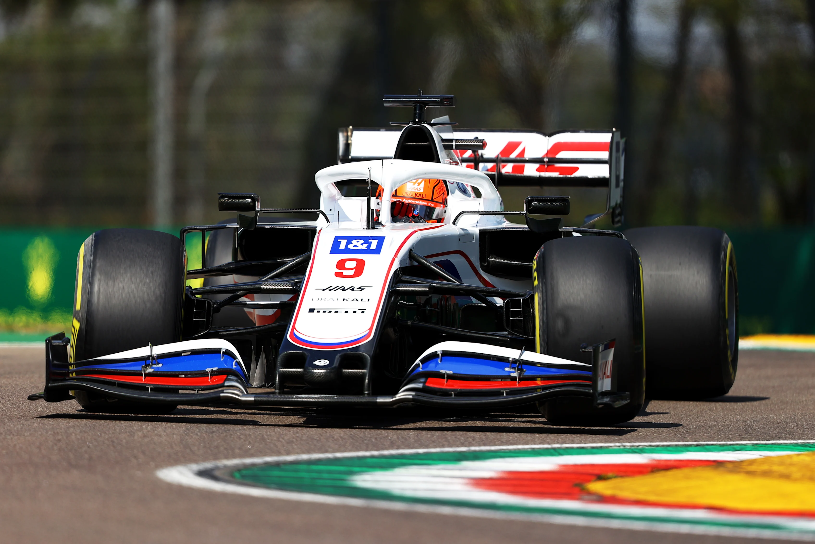IMOLA, ITALY - APRIL 16: Nikita Mazepin of Russia driving the (9) Haas F1 Team VF-21 Ferrari on track during practice ahead of the F1 Grand Prix of Emilia Romagna at Autodromo Enzo e Dino Ferrari on April 16, 2021 in Imola, Italy. (Photo by Bryn Lennon/Getty Images)