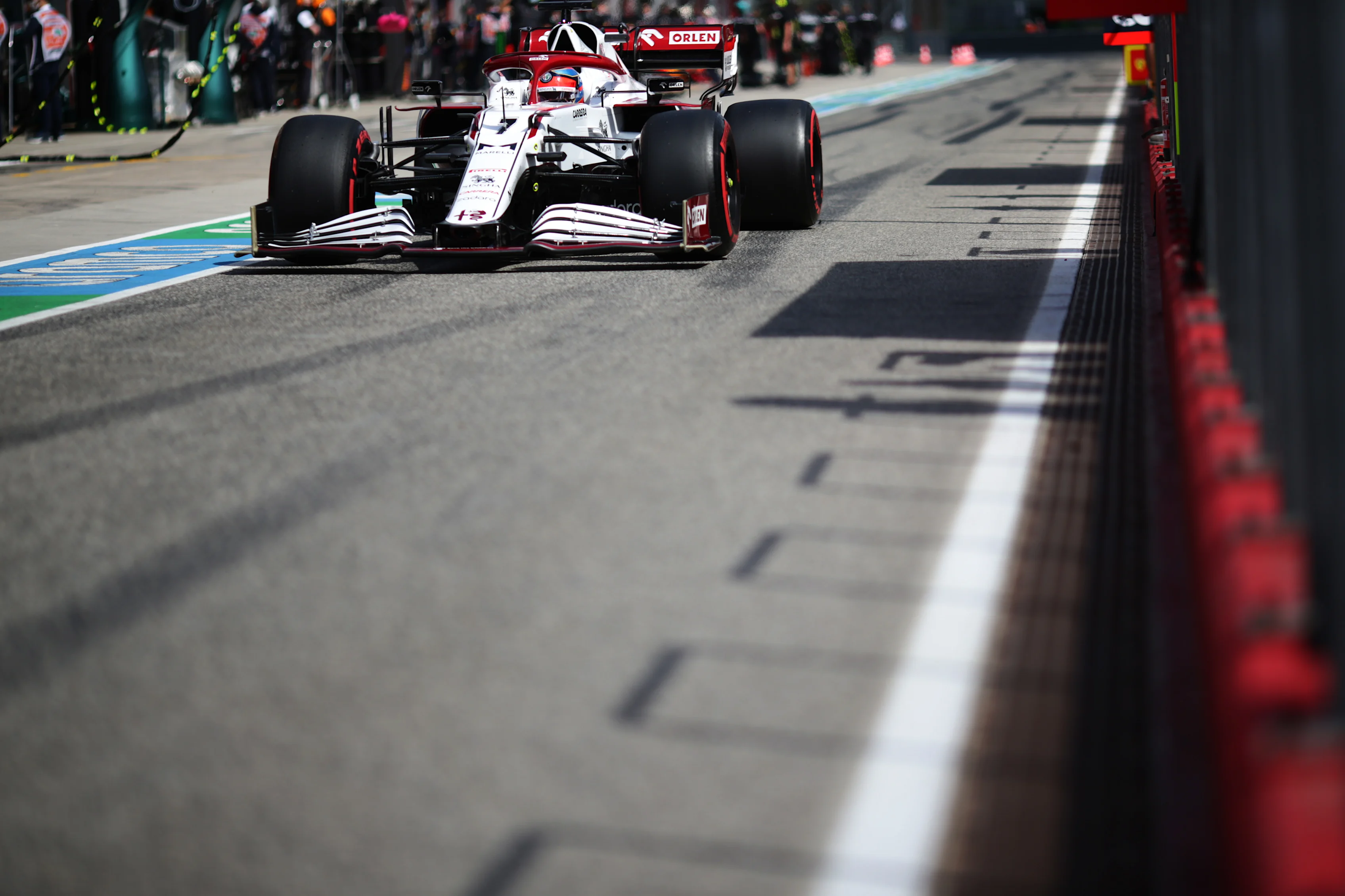 IMOLA, ITALY - APRIL 16: Kimi Raikkonen of Finland driving the (7) Alfa Romeo Racing C41 Ferrari in the Pitlane during practice ahead of the F1 Grand Prix of Emilia Romagna at Autodromo Enzo e Dino Ferrari on April 16, 2021 in Imola, Italy. (Photo by Peter Fox/Getty Images)