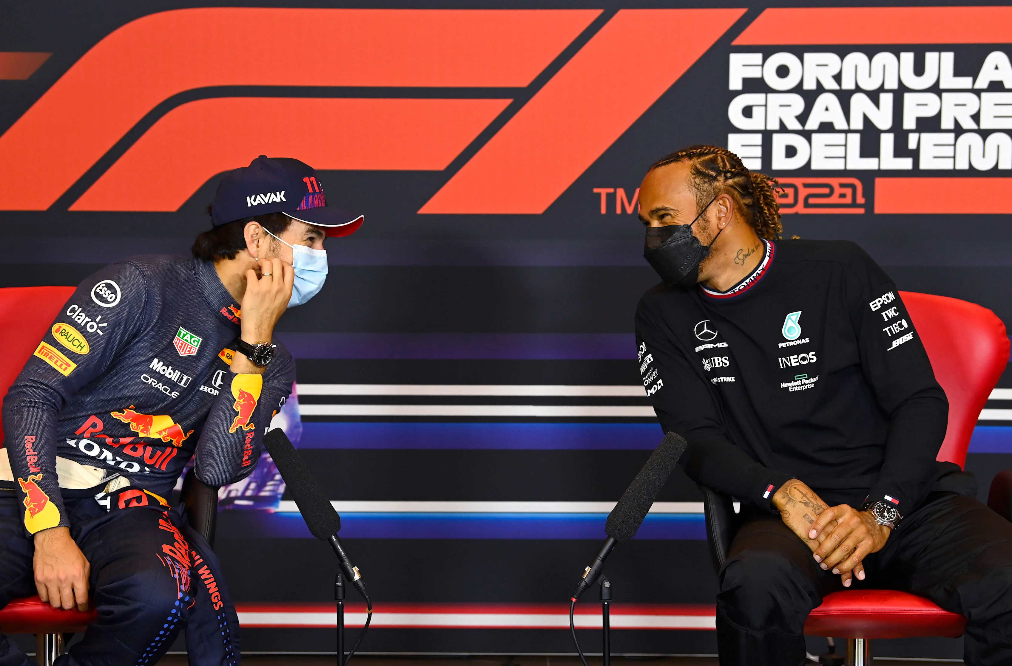IMOLA, ITALY - APRIL 17: Second place qualifier Sergio Perez of Mexico and Red Bull Racing and Pole